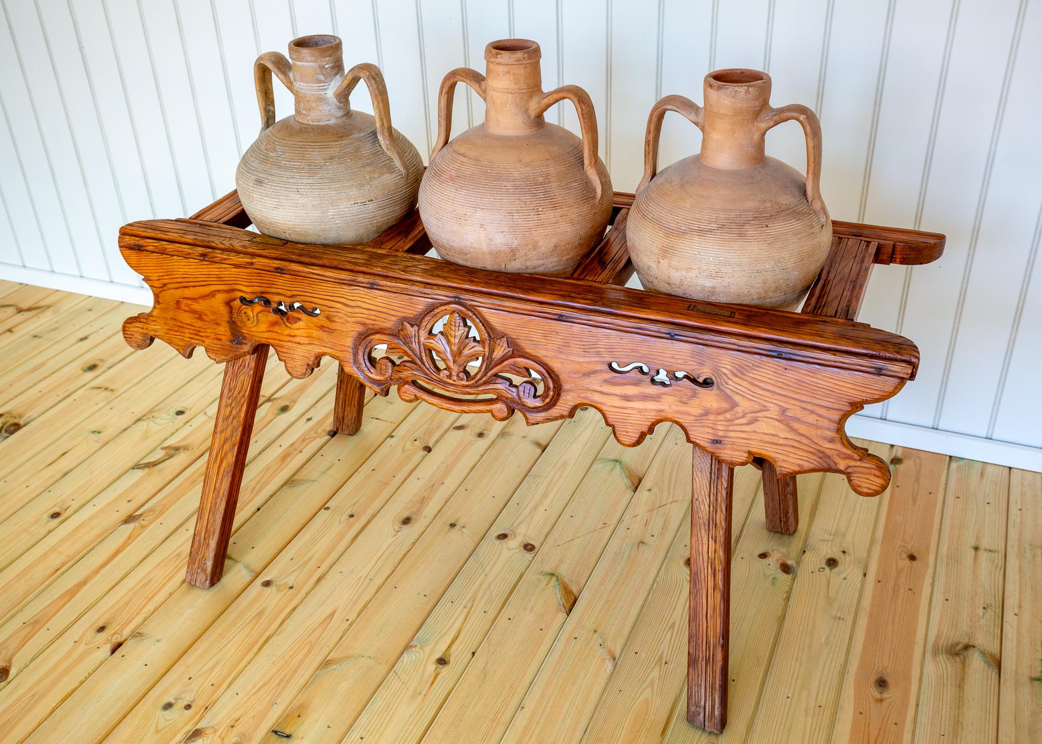 Spanish Colonial Antique Carved Amphora Stand With Amphorae Spanish Villa Rustic Tinaja Bar Cart For Sale