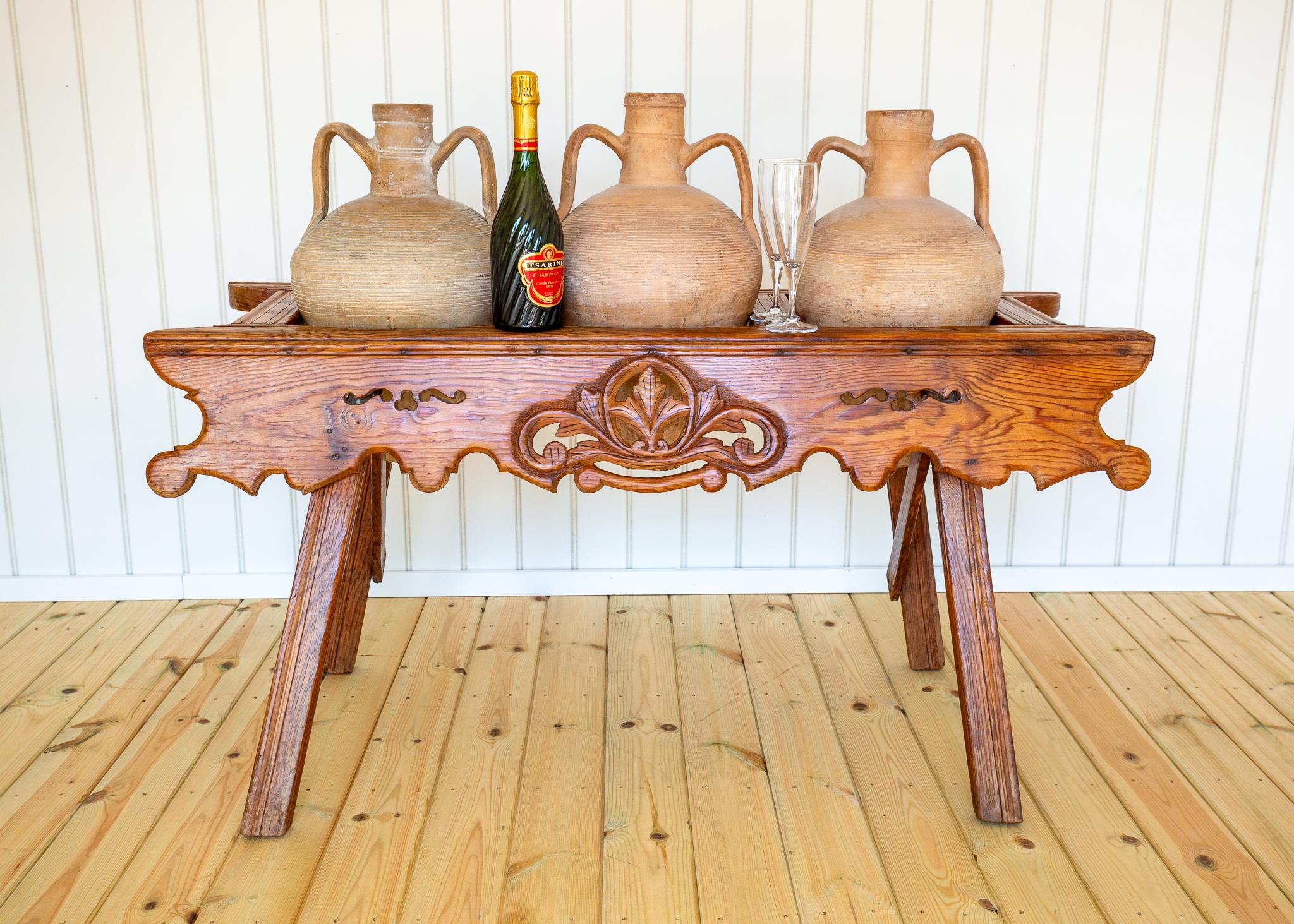 Hand-Carved Antique Carved Amphora Stand With Amphorae Spanish Villa Rustic Tinaja Bar Cart For Sale