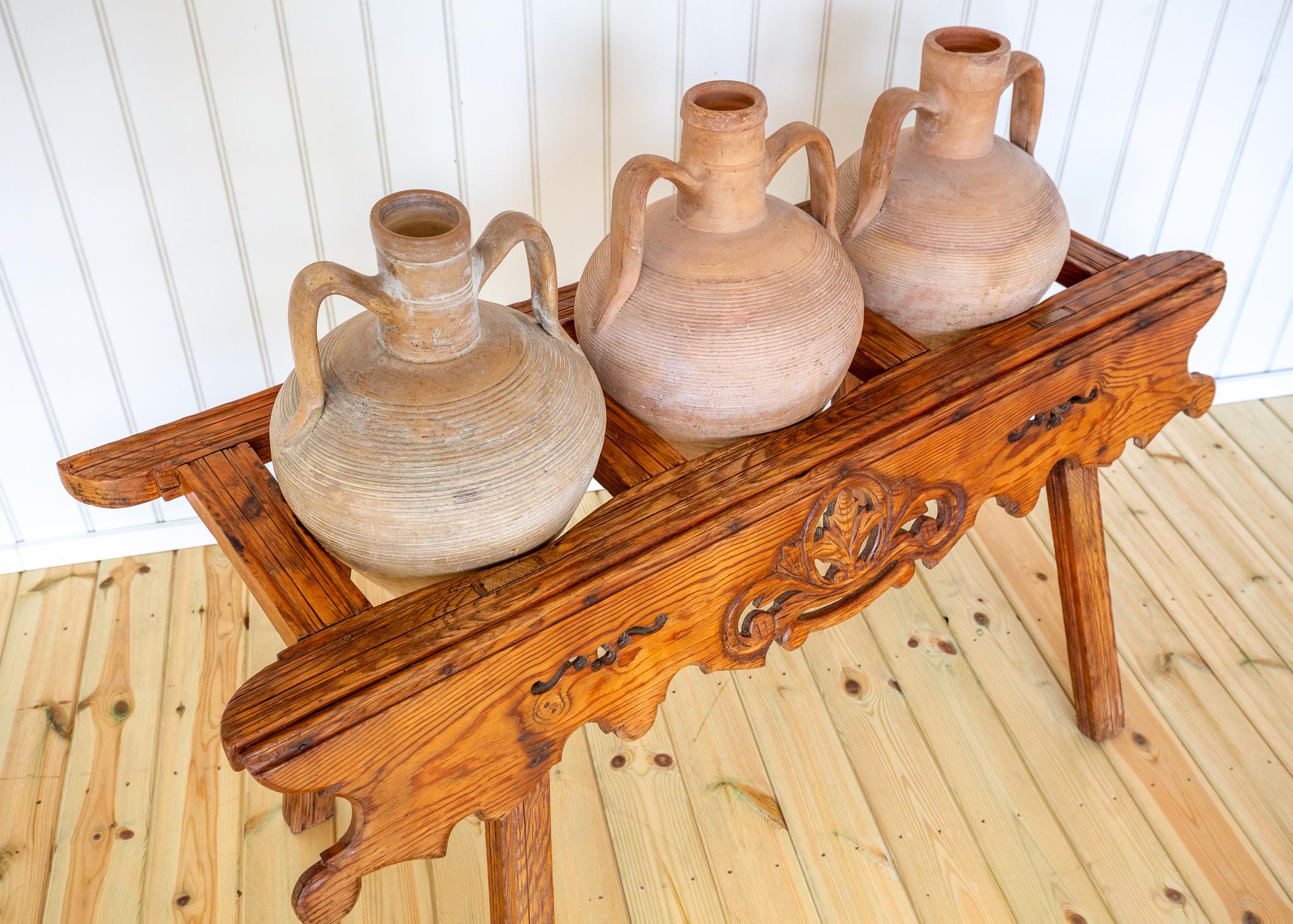 20th Century Antique Carved Amphora Stand With Amphorae Spanish Villa Rustic Tinaja Bar Cart For Sale