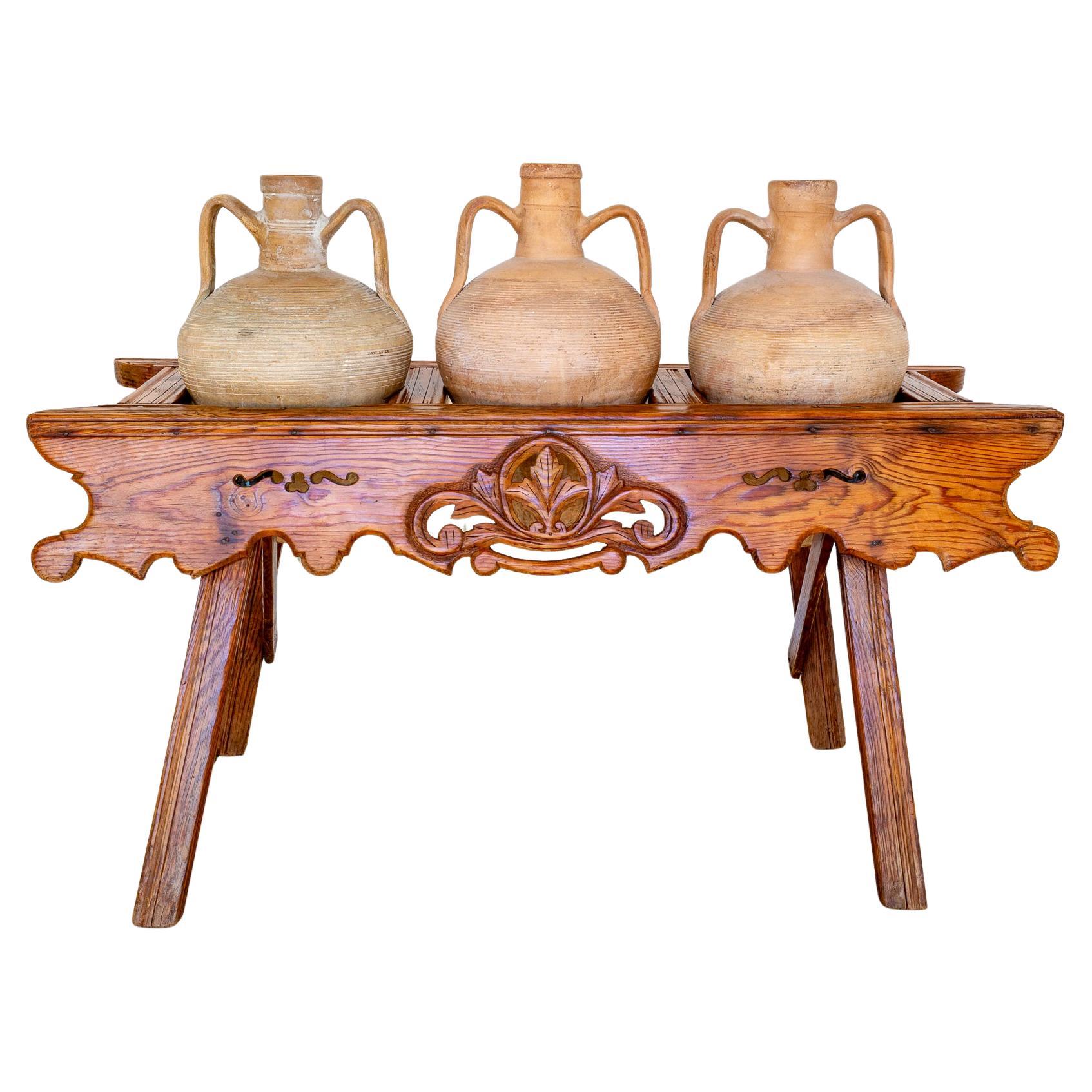 Antique Carved Amphora Stand With Amphorae Spanish Villa Rustic Tinaja Bar Cart For Sale