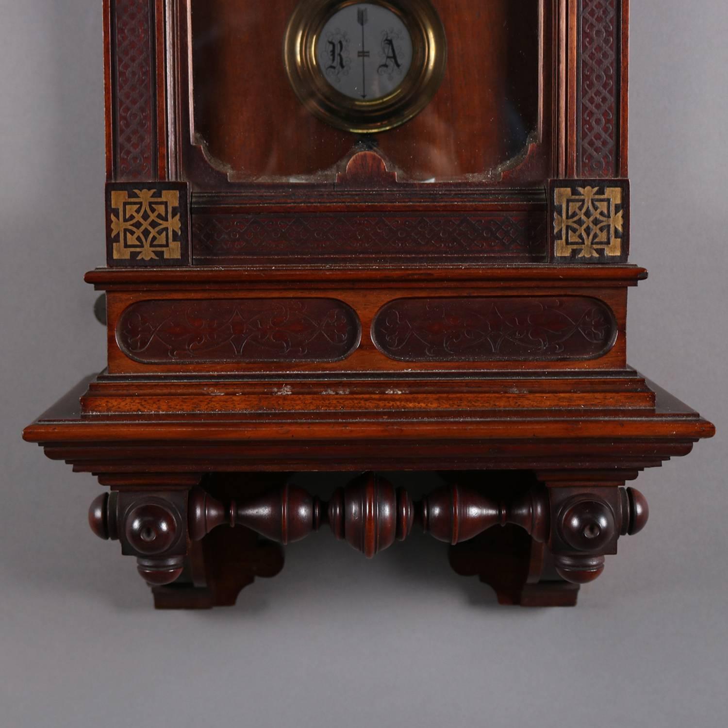 Antique Carved and Ebonized Walnut Vienna Regulator Wall Clock, circa 1890 In Good Condition In Big Flats, NY