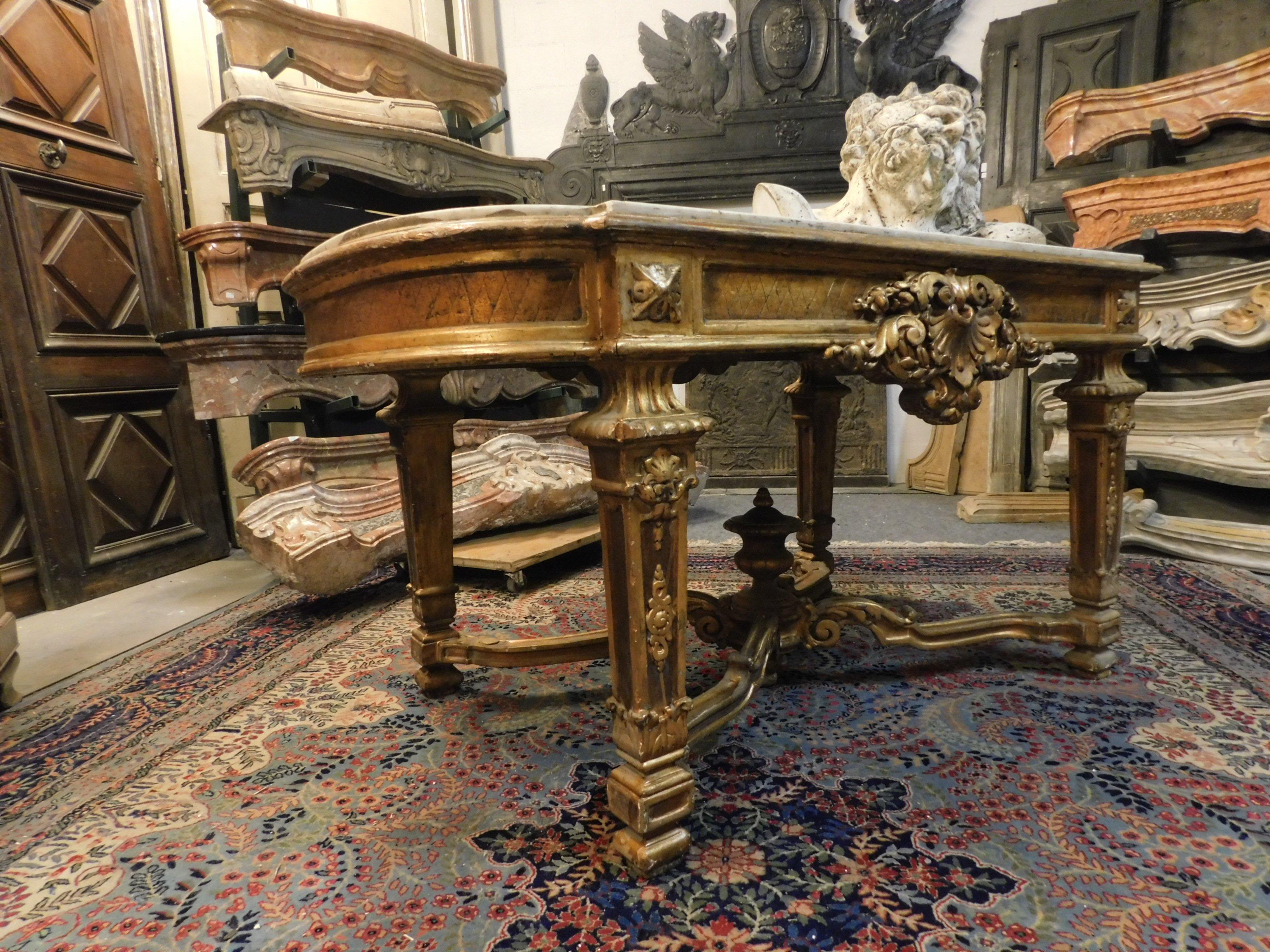 Antique Carved and Gilded Console Table, White Marble Top, 1700, Italy 3