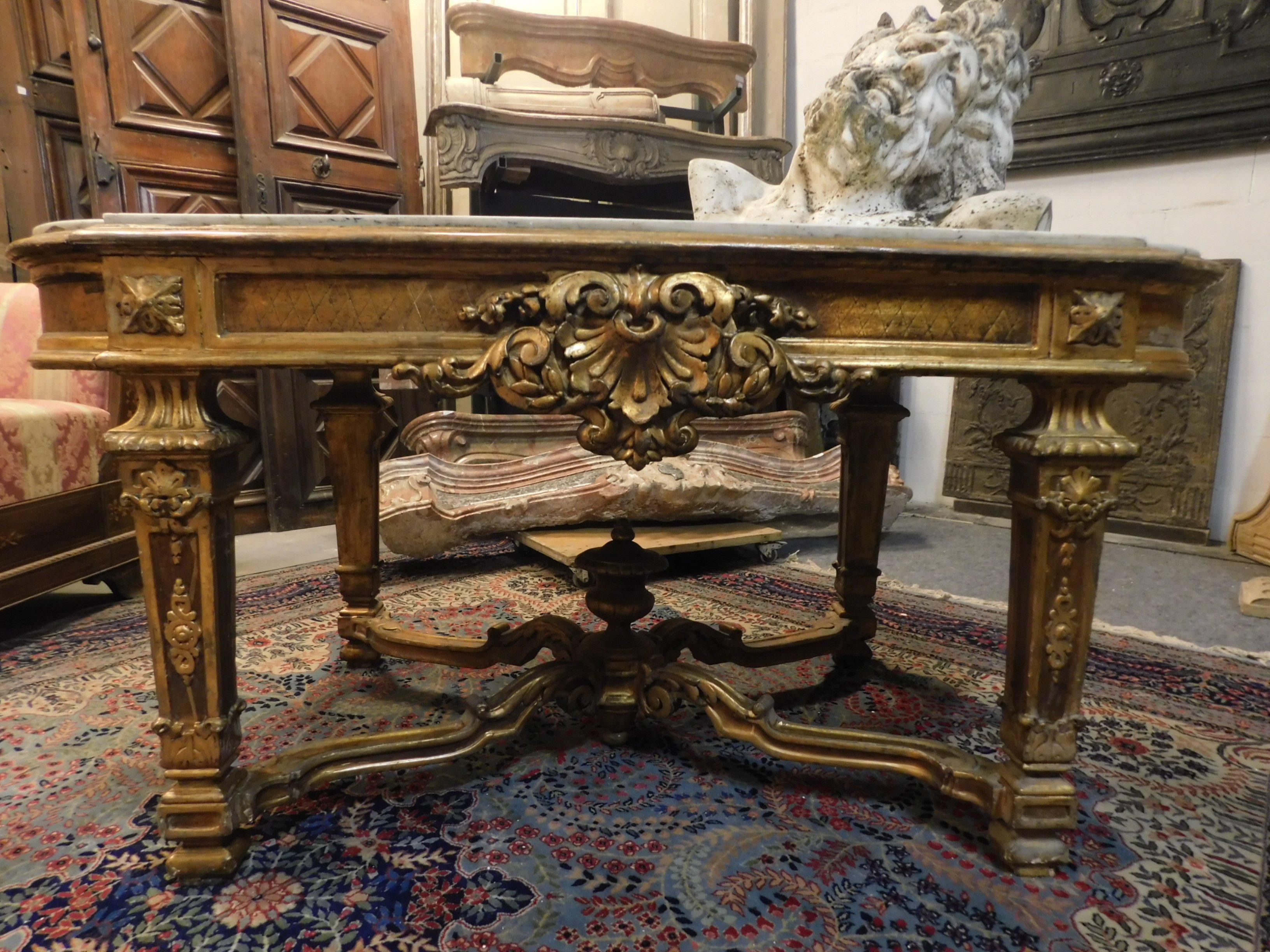 Wood Antique Carved and Gilded Console Table, White Marble Top, 1700, Italy