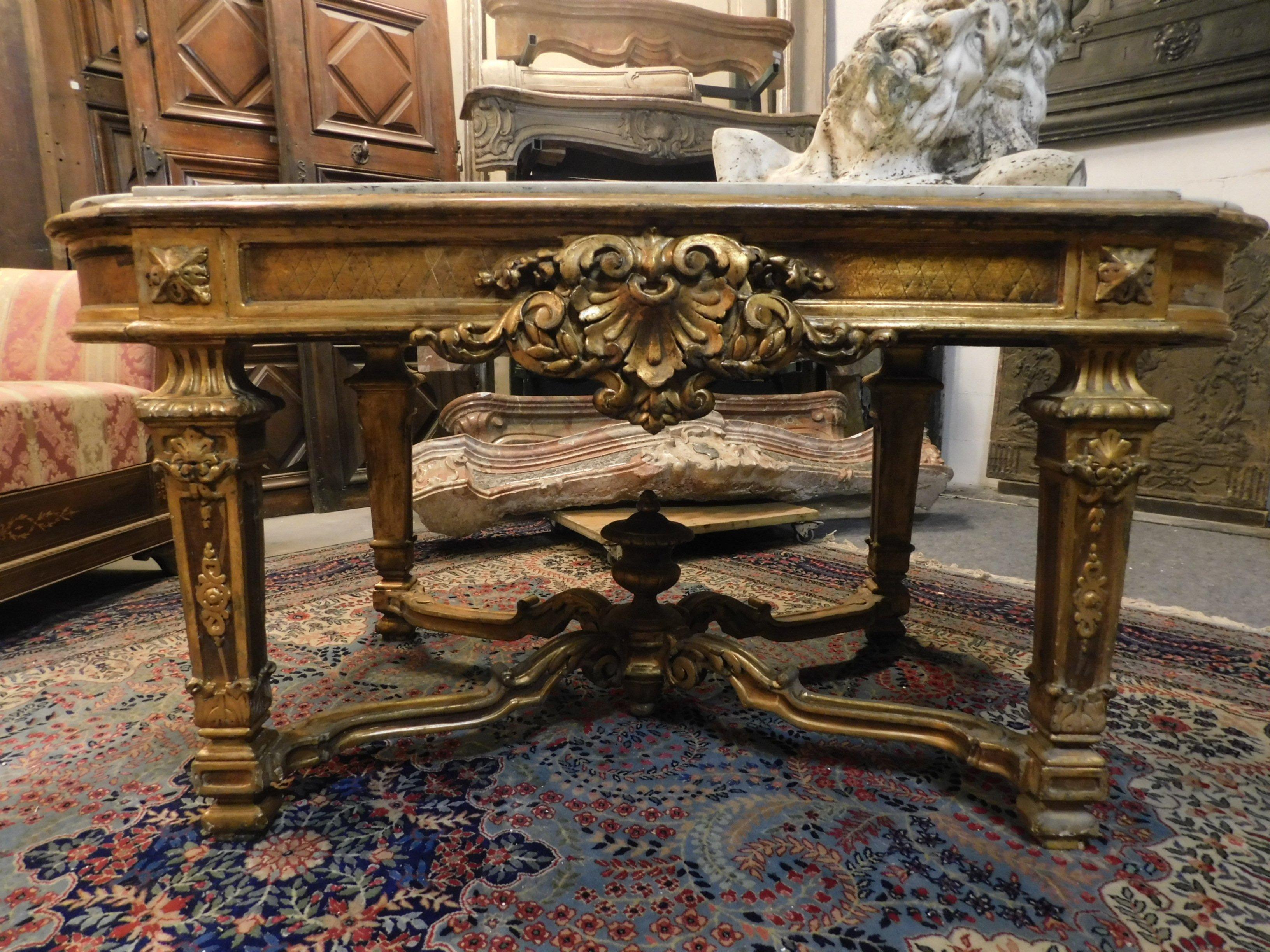 Antique Carved and Gilded Console Table, White Marble Top, 1700, Italy 1