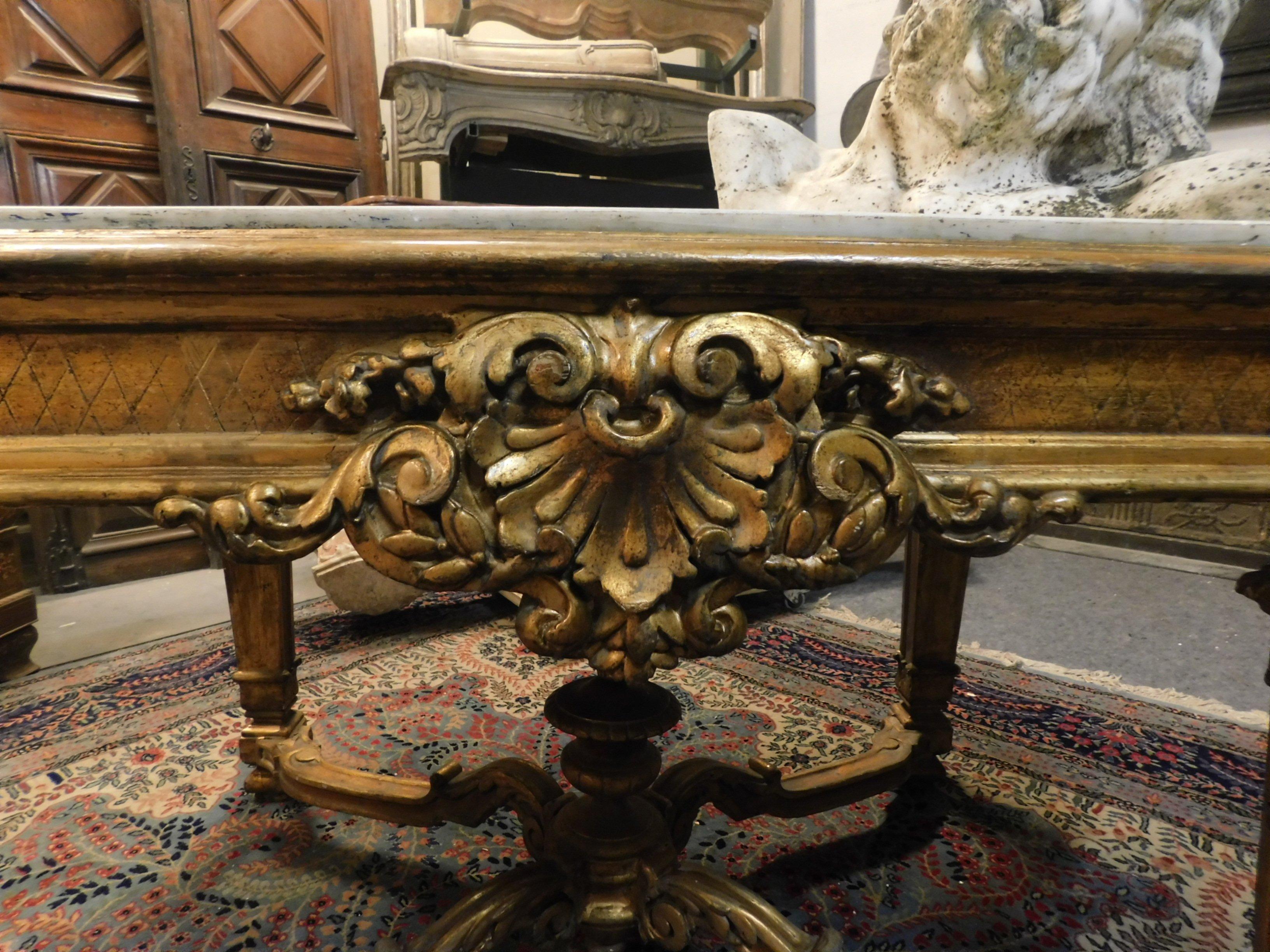 Antique Carved and Gilded Console Table, White Marble Top, 1700, Italy 2