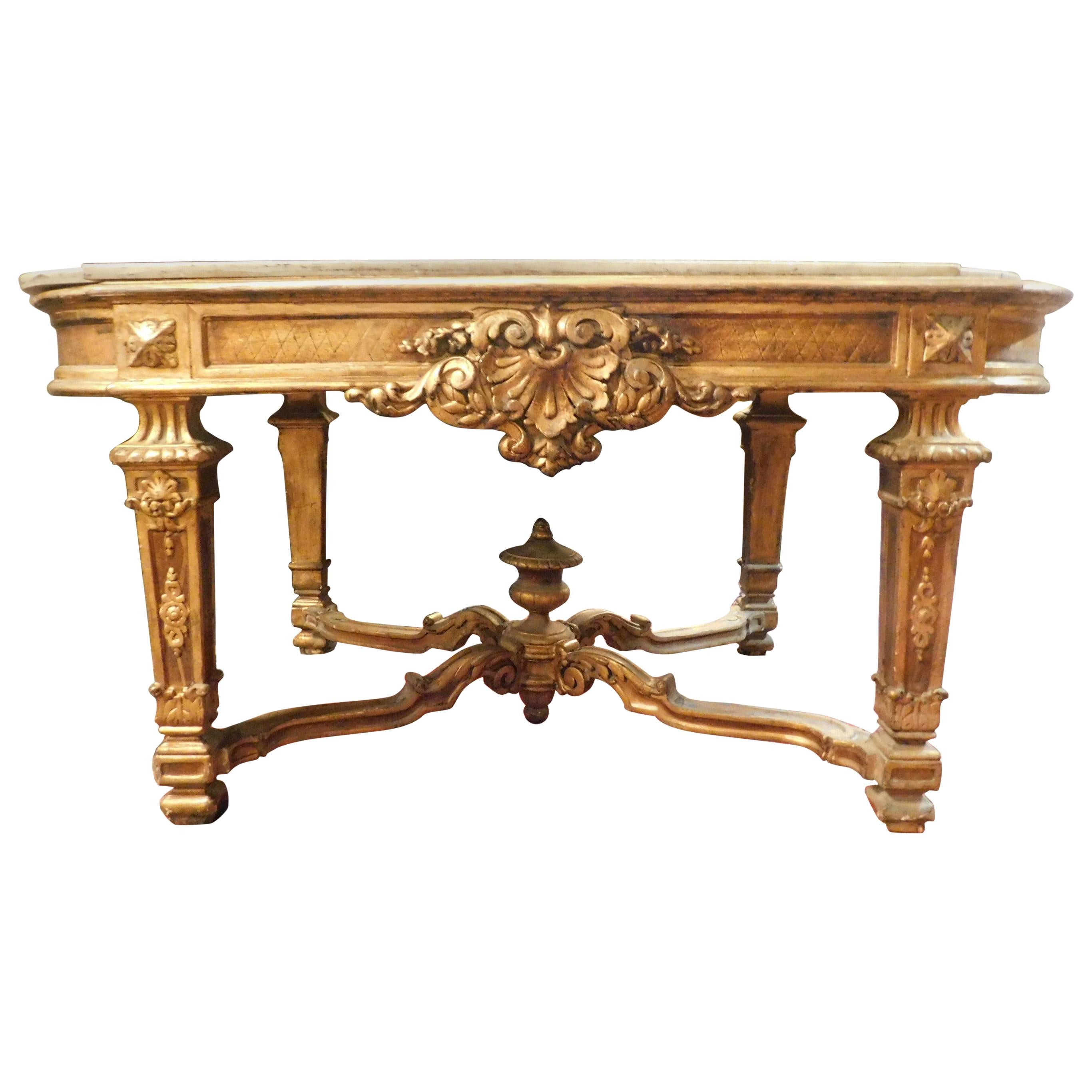Antique Carved and Gilded Console Table, White Marble Top, 1700, Italy