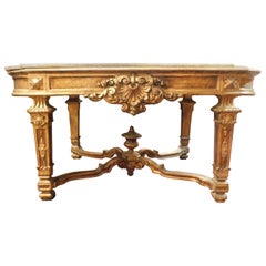 Antique Carved and Gilded Console Table, White Marble Top, 1700, Italy