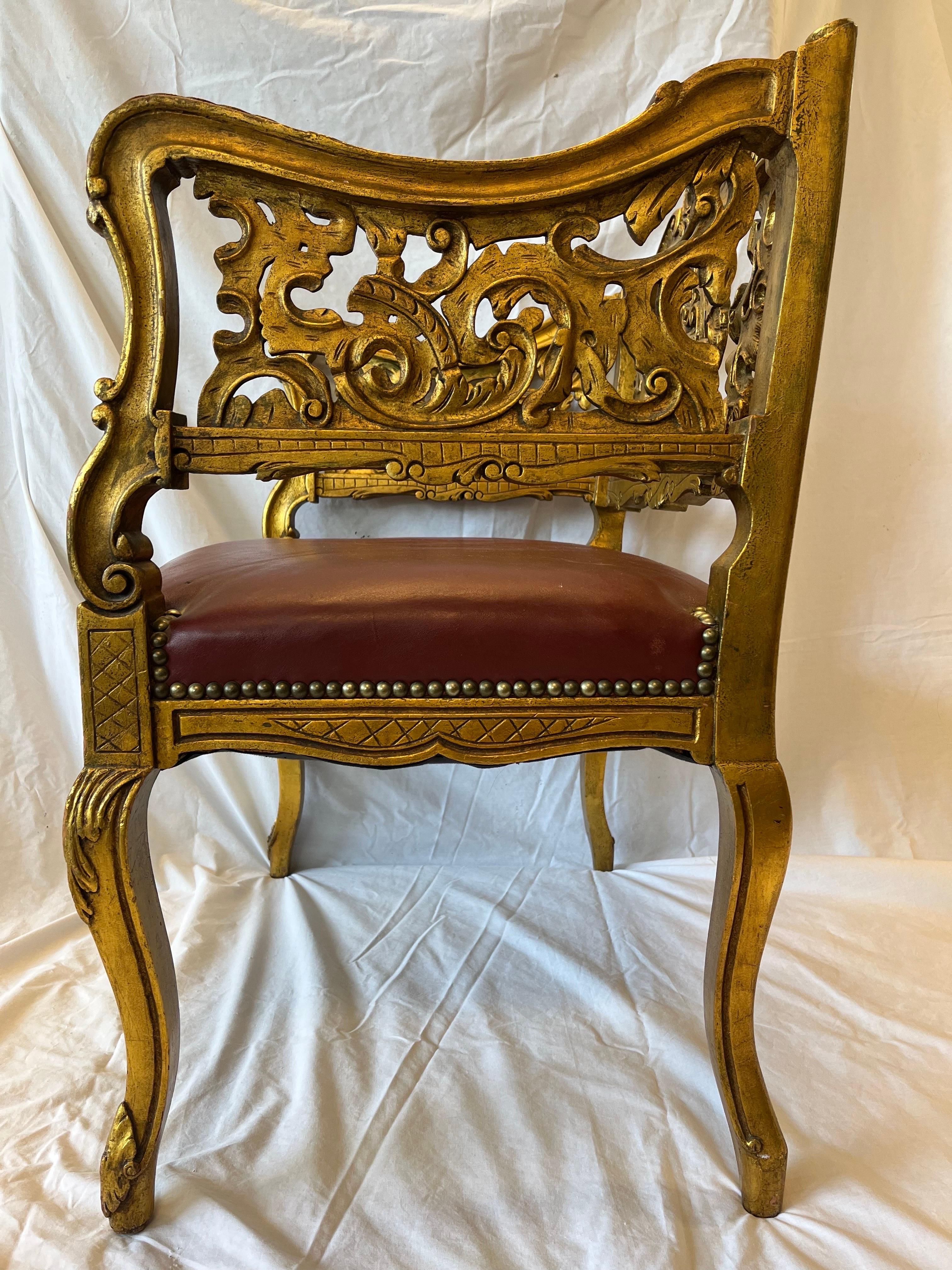 Antique Carved and Gilt Wood Arm Chair Bench Ornate Design Red Upholstered Seat For Sale 4