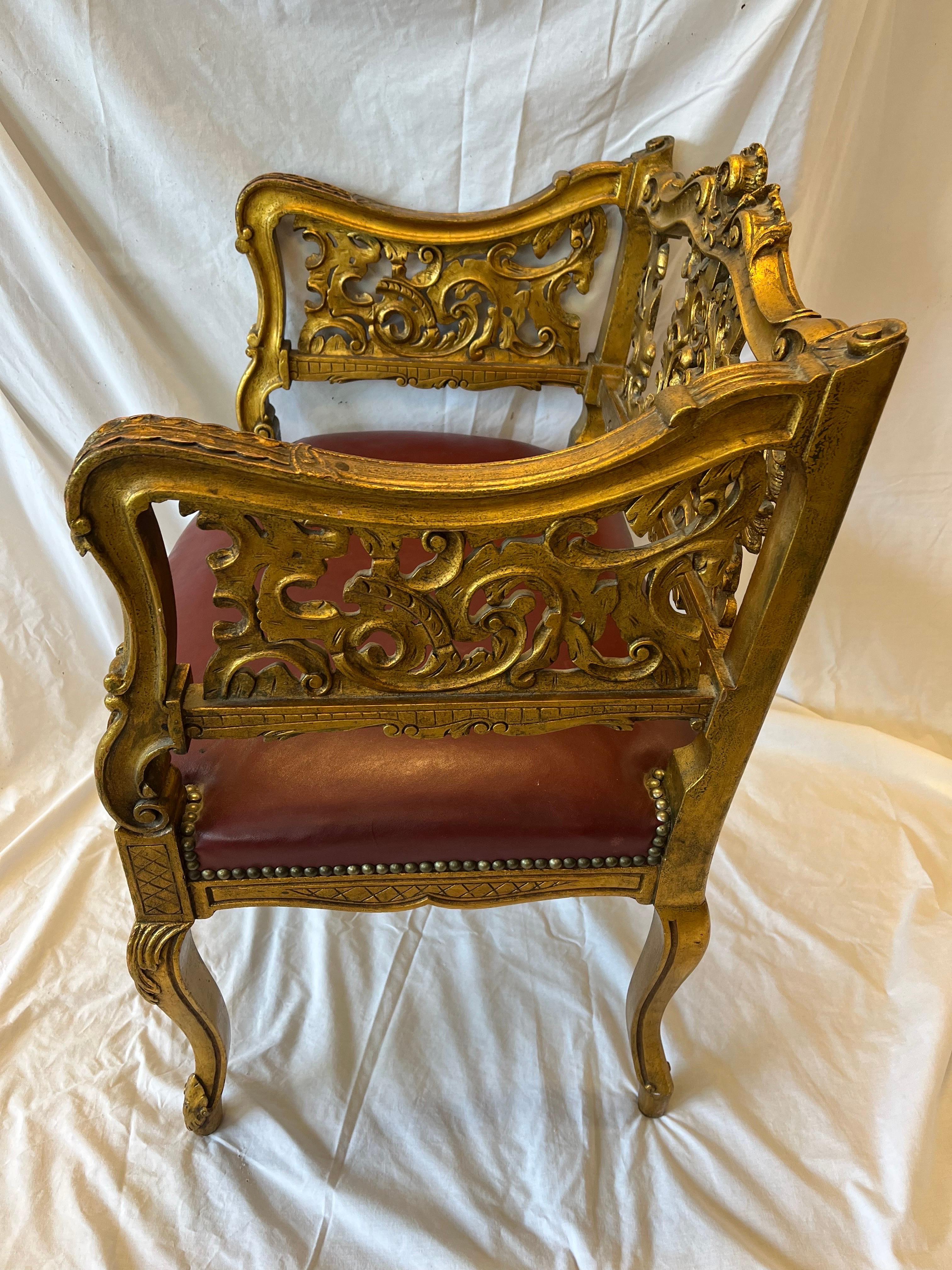 Antique Carved and Gilt Wood Arm Chair Bench Ornate Design Red Upholstered Seat For Sale 5