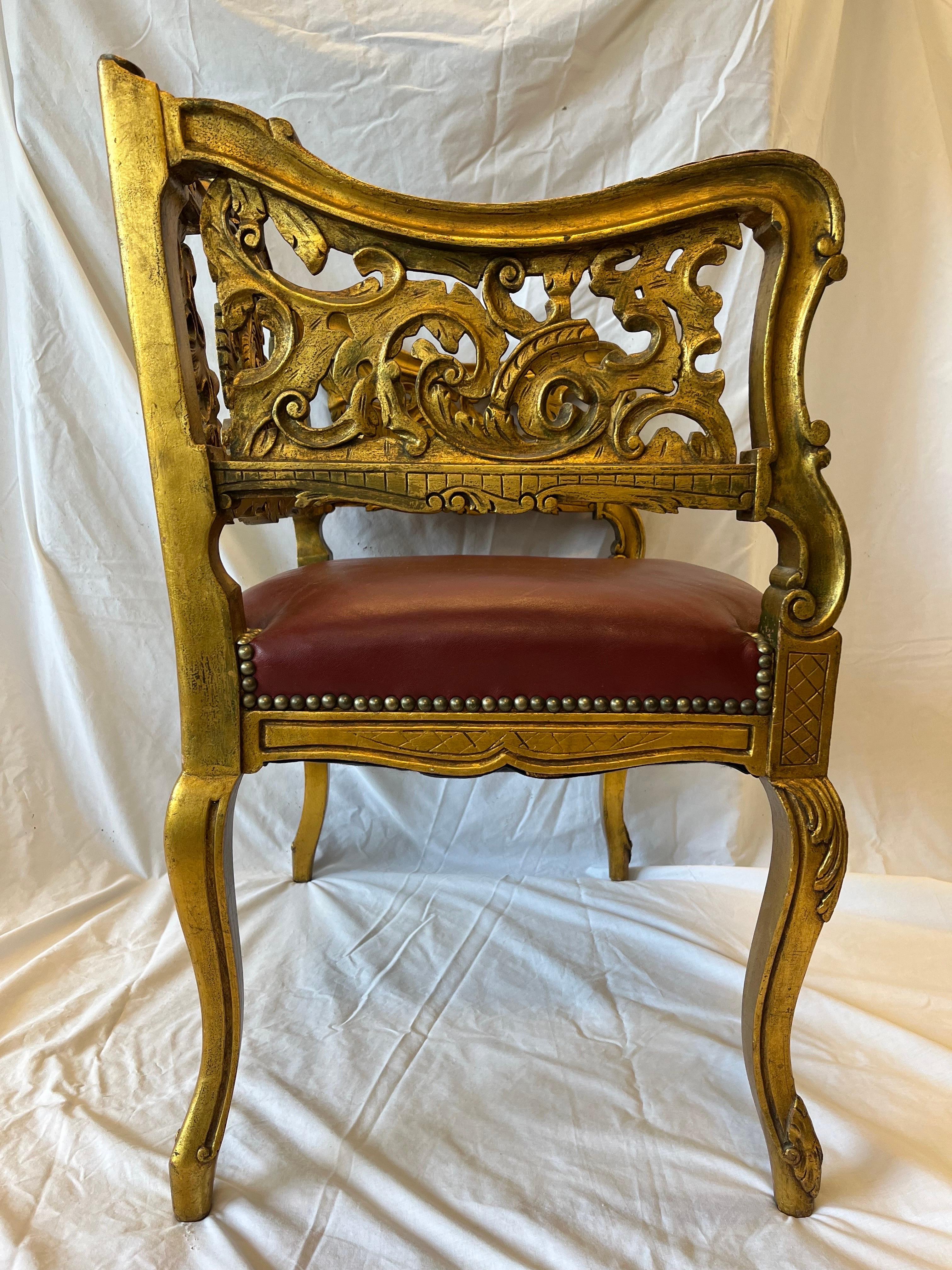 Antique Carved and Gilt Wood Arm Chair Bench Ornate Design Red Upholstered Seat For Sale 6