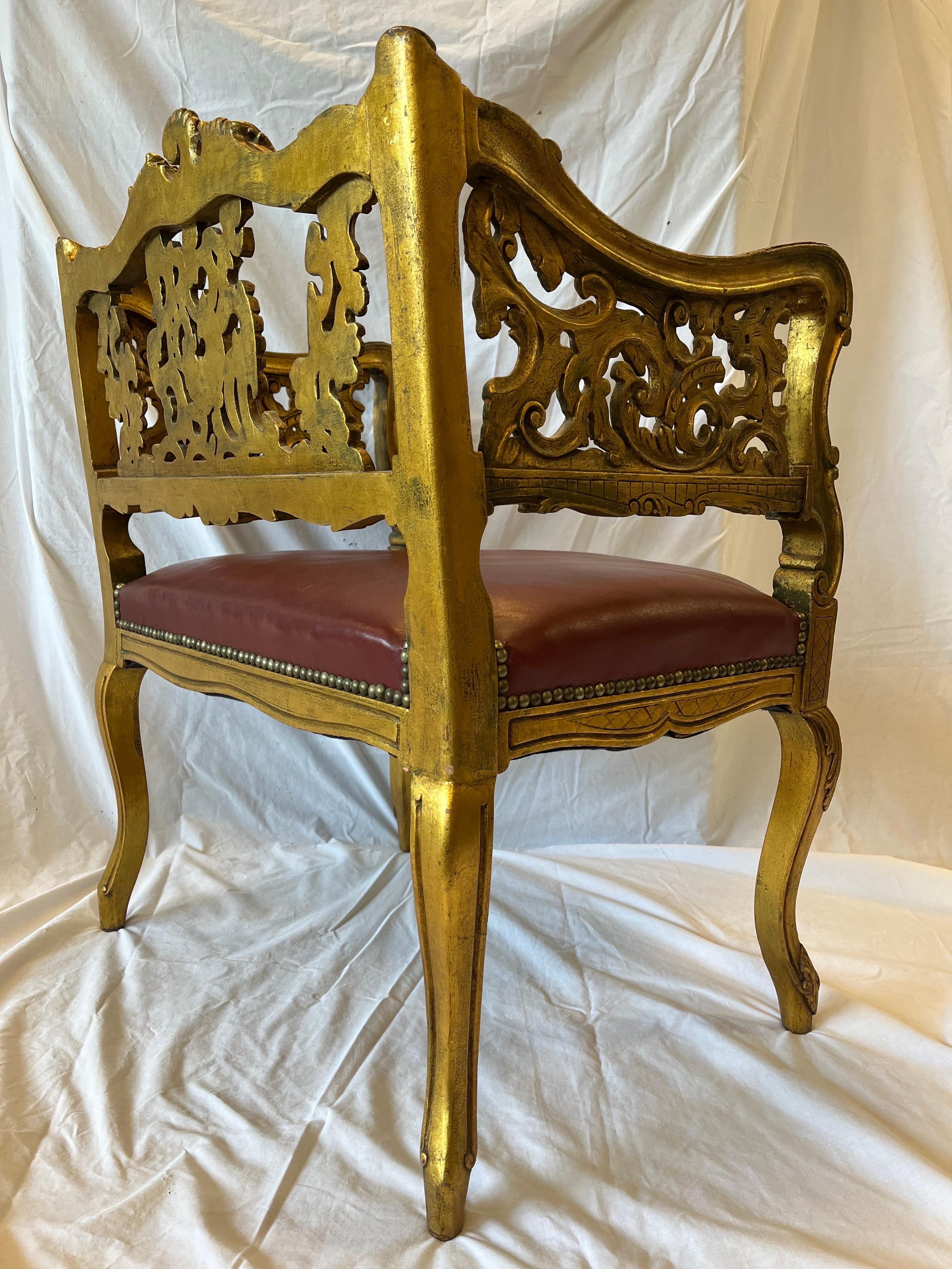 Antique Carved and Gilt Wood Arm Chair Bench Ornate Design Red Upholstered Seat For Sale 7