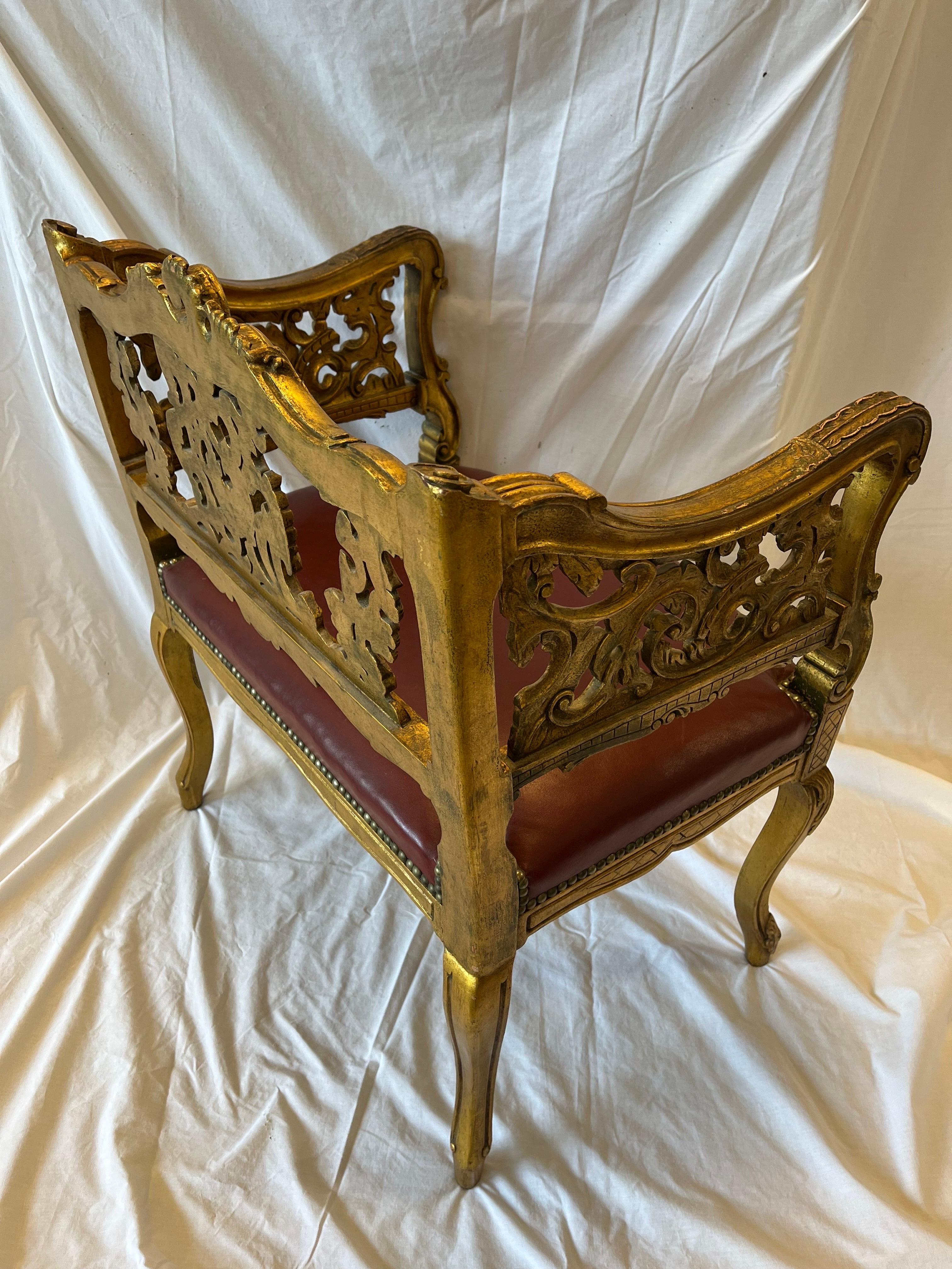 Antique Carved and Gilt Wood Arm Chair Bench Ornate Design Red Upholstered Seat For Sale 8