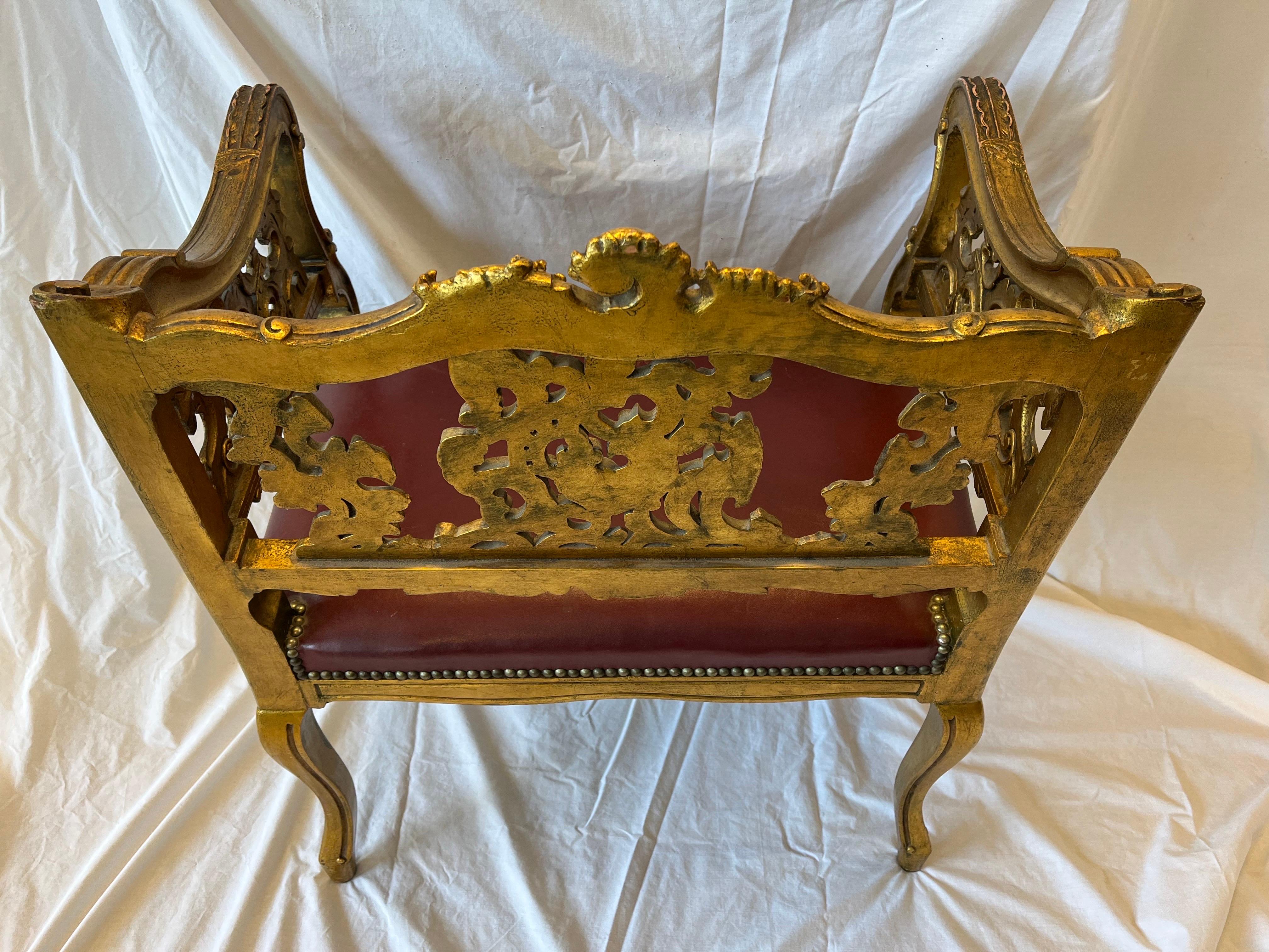 Antique Carved and Gilt Wood Arm Chair Bench Ornate Design Red Upholstered Seat For Sale 9