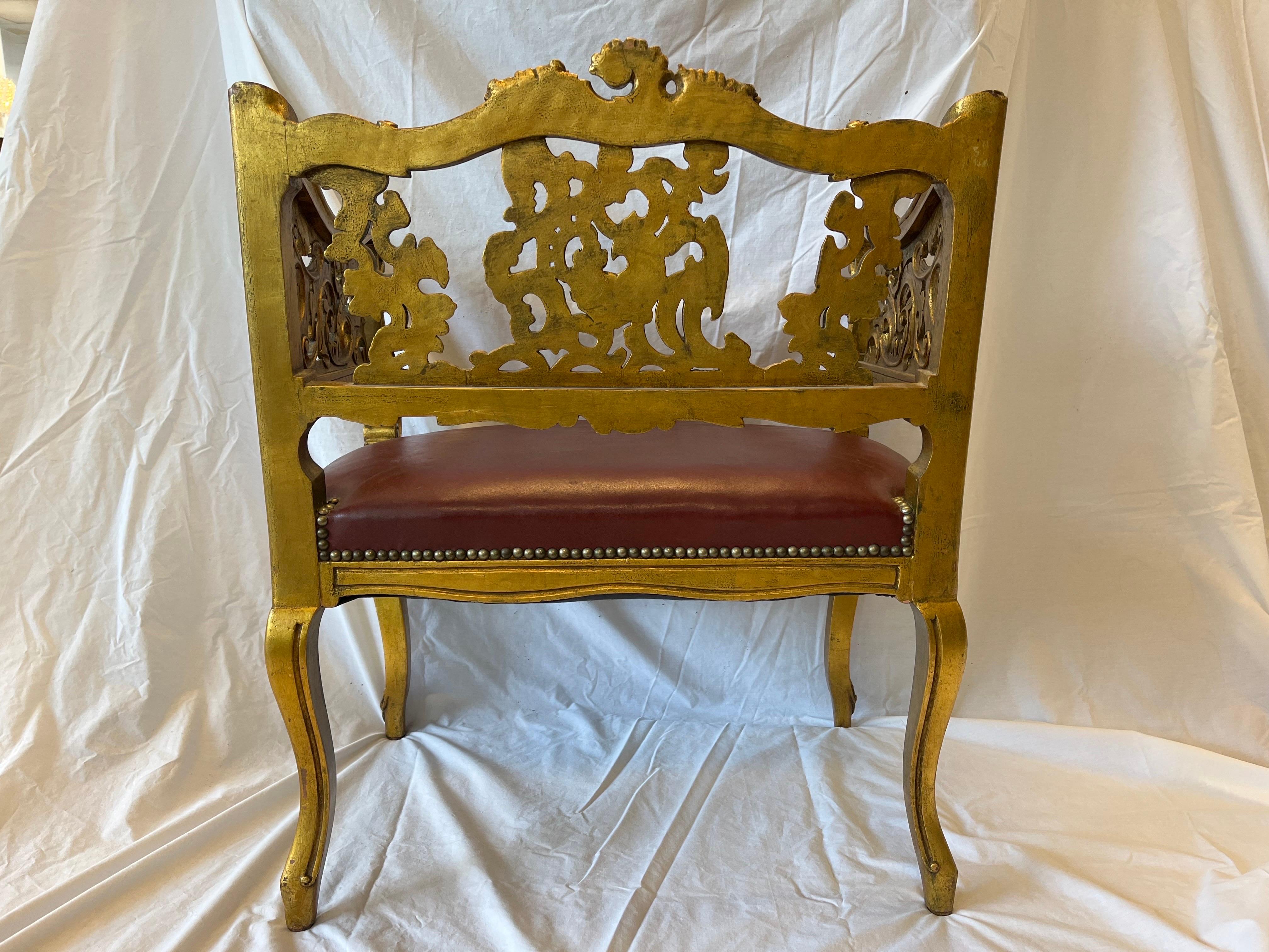 Antique Carved and Gilt Wood Arm Chair Bench Ornate Design Red Upholstered Seat For Sale 10