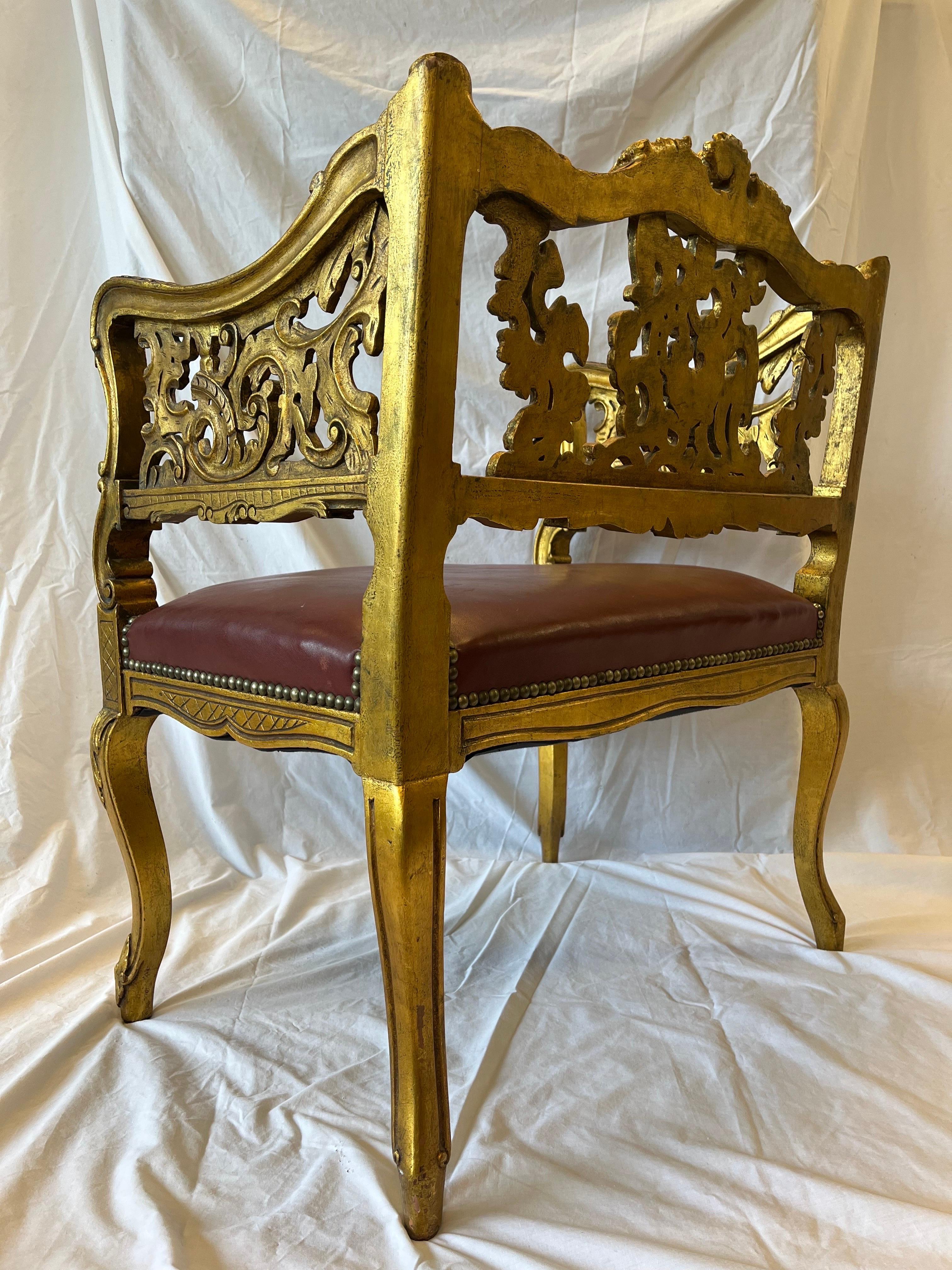 Antique Carved and Gilt Wood Arm Chair Bench Ornate Design Red Upholstered Seat For Sale 11