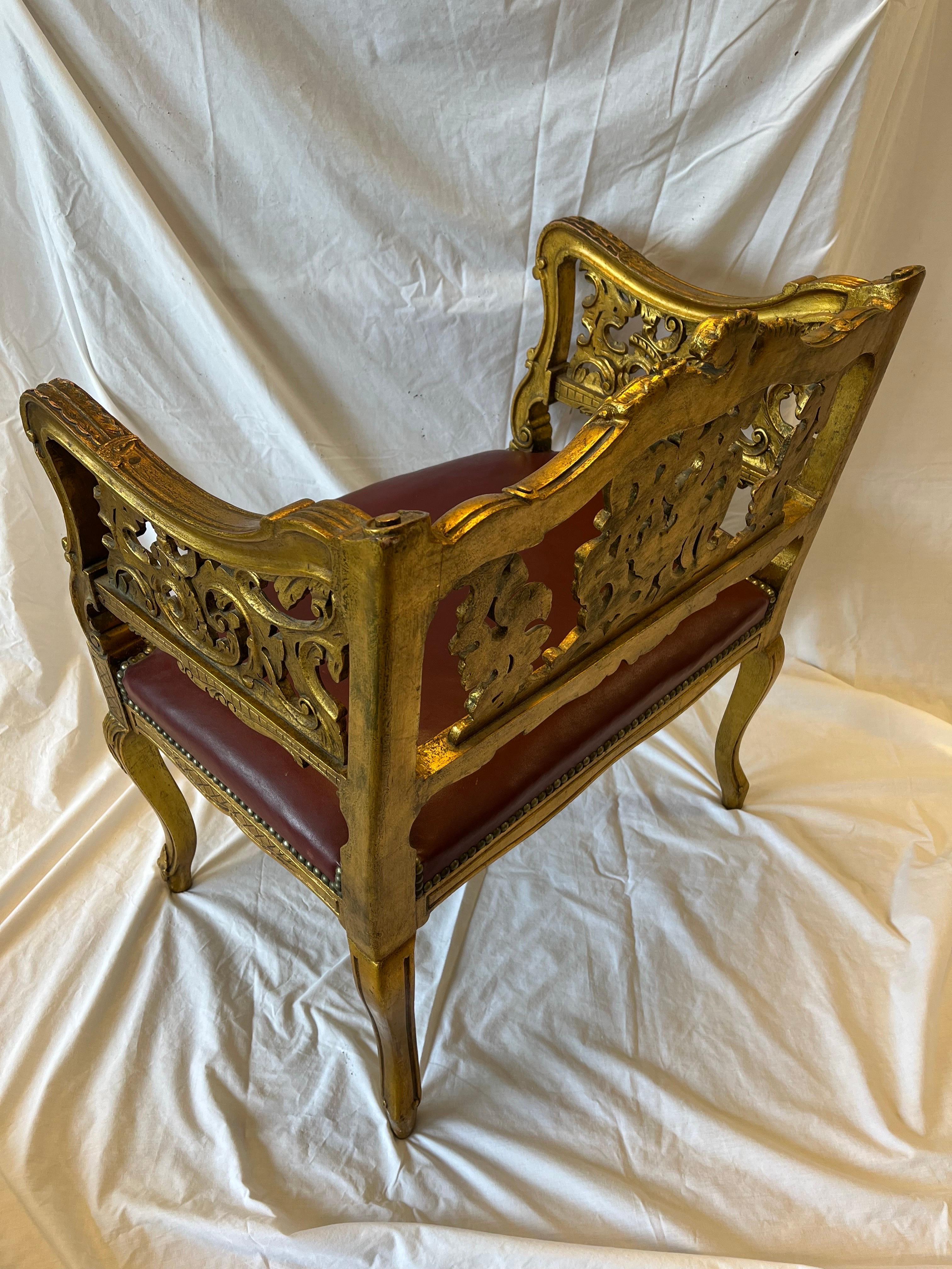 Antique Carved and Gilt Wood Arm Chair Bench Ornate Design Red Upholstered Seat For Sale 12