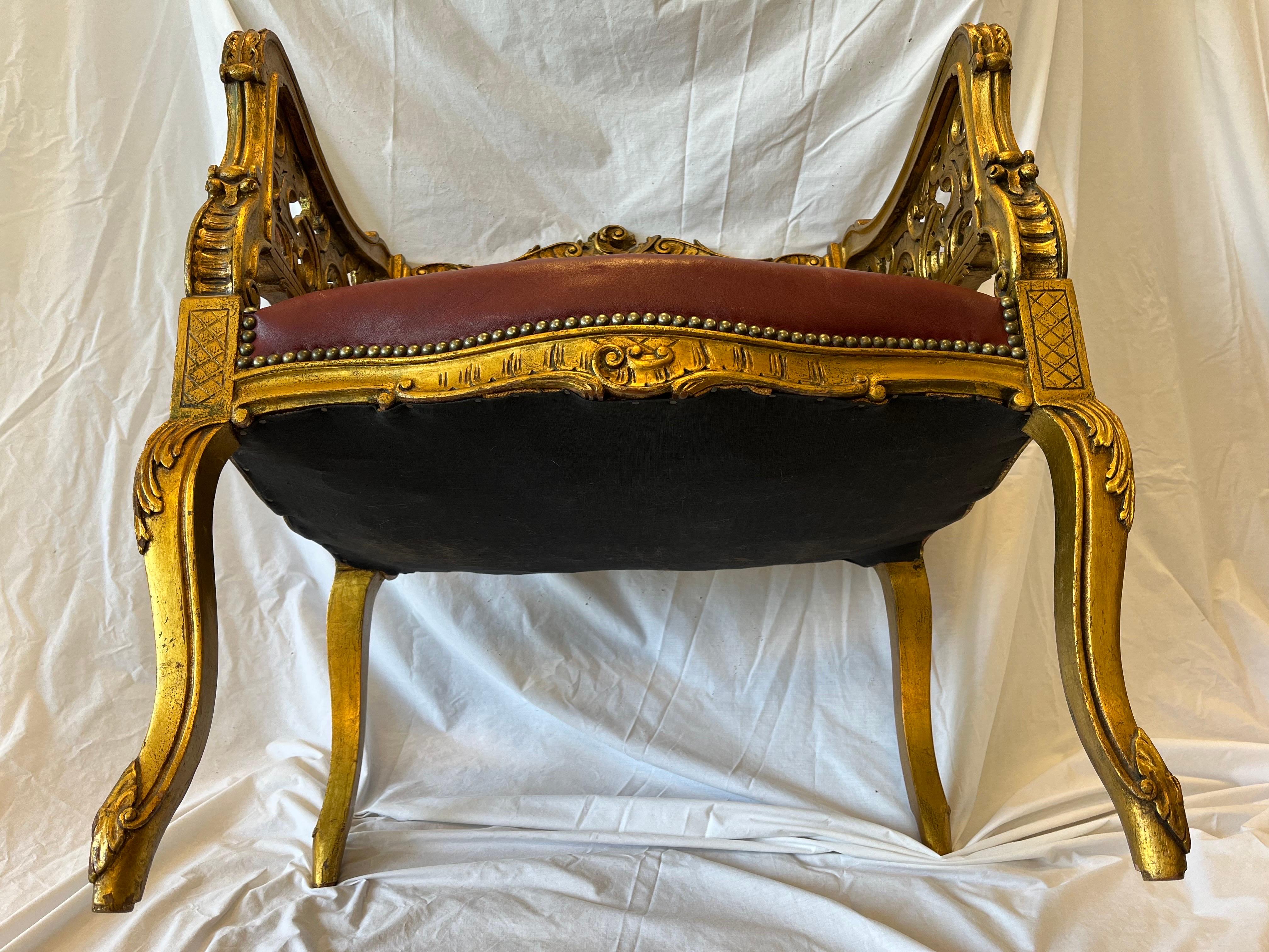 Antique Carved and Gilt Wood Arm Chair Bench Ornate Design Red Upholstered Seat For Sale 13