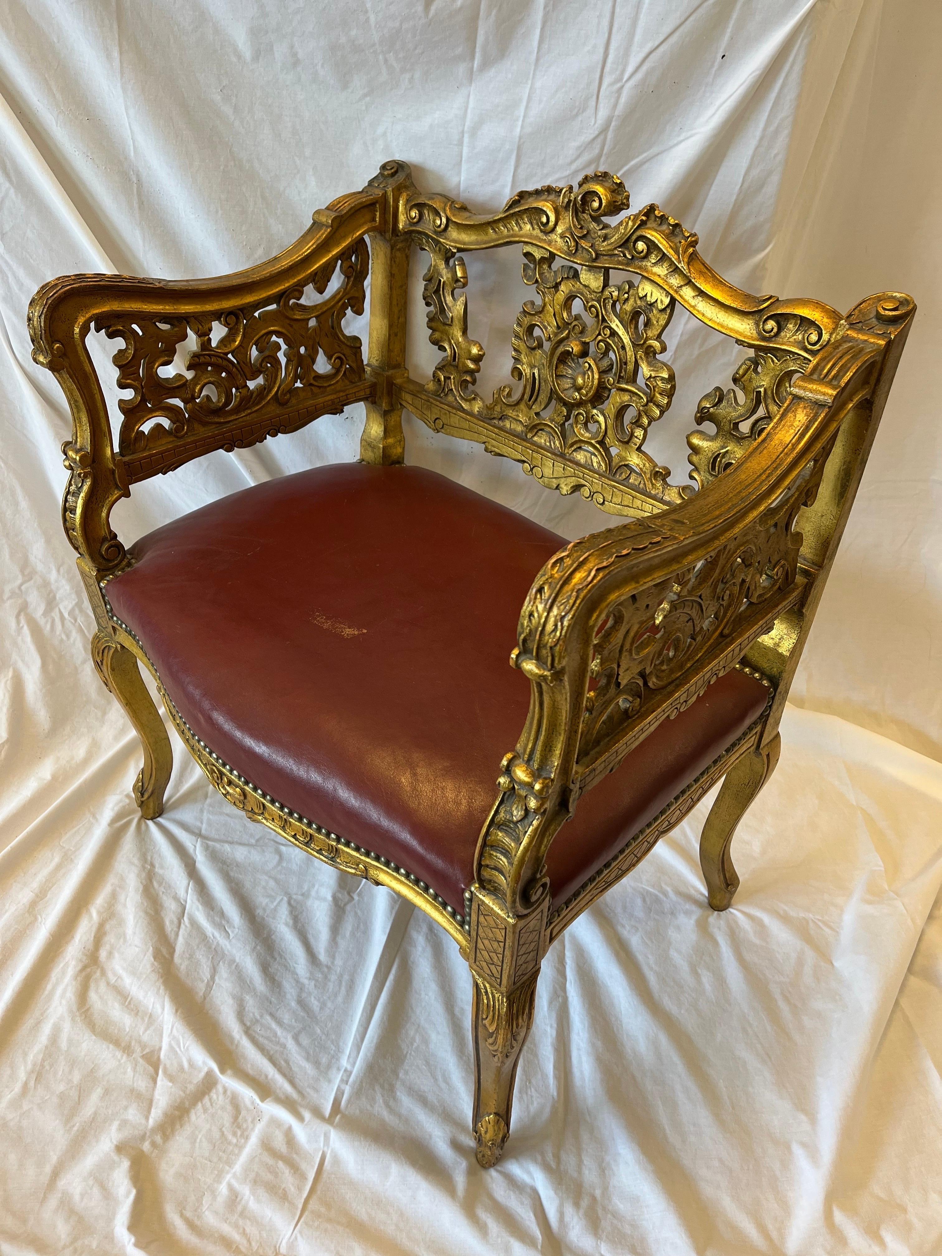 Louis XV Antique Carved and Gilt Wood Arm Chair Bench Ornate Design Red Upholstered Seat For Sale