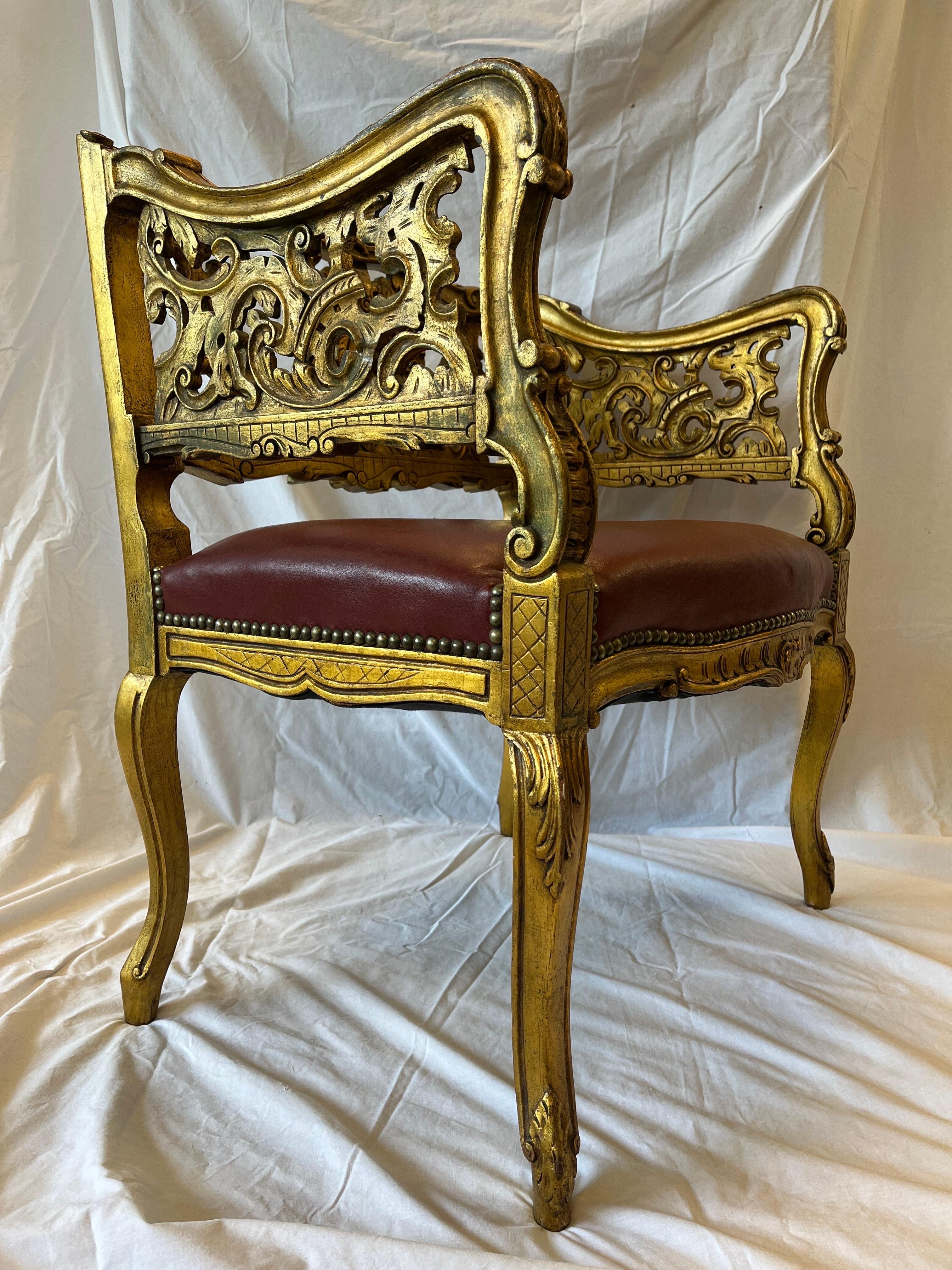 Antique Carved and Gilt Wood Arm Chair Bench Ornate Design Red Upholstered Seat In Good Condition For Sale In Atlanta, GA