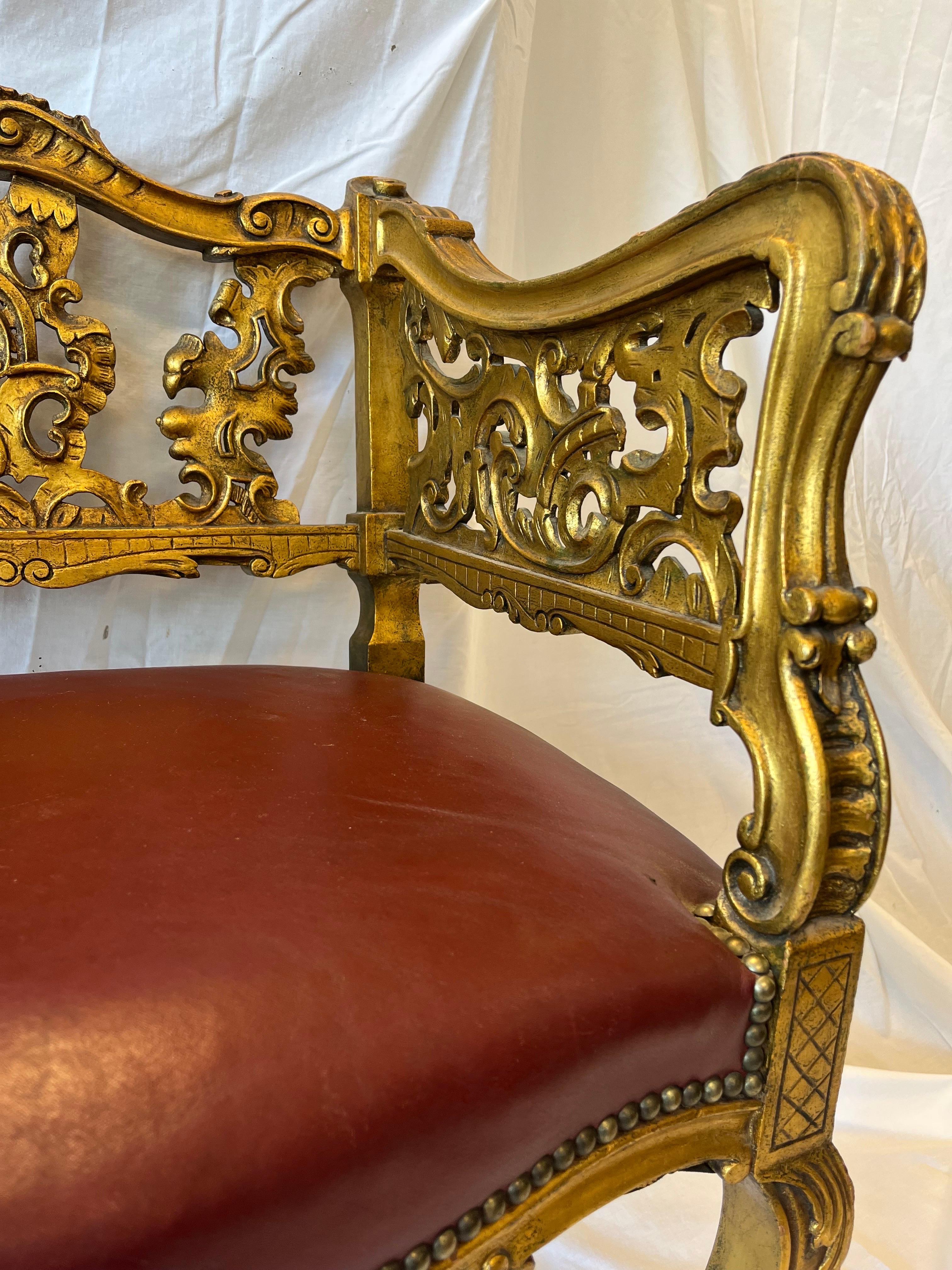 19th Century Antique Carved and Gilt Wood Arm Chair Bench Ornate Design Red Upholstered Seat For Sale