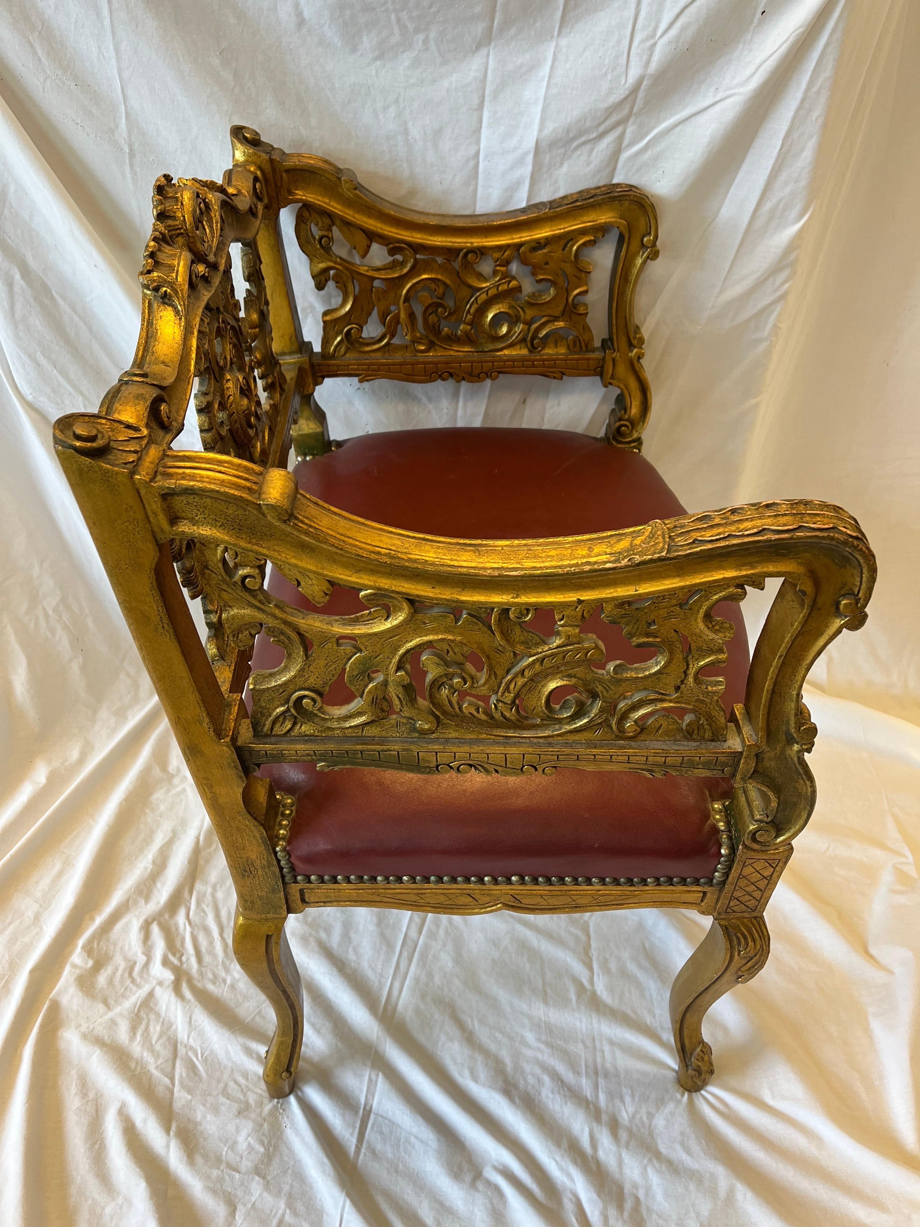 Upholstery Antique Carved and Gilt Wood Arm Chair Bench Ornate Design Red Upholstered Seat For Sale
