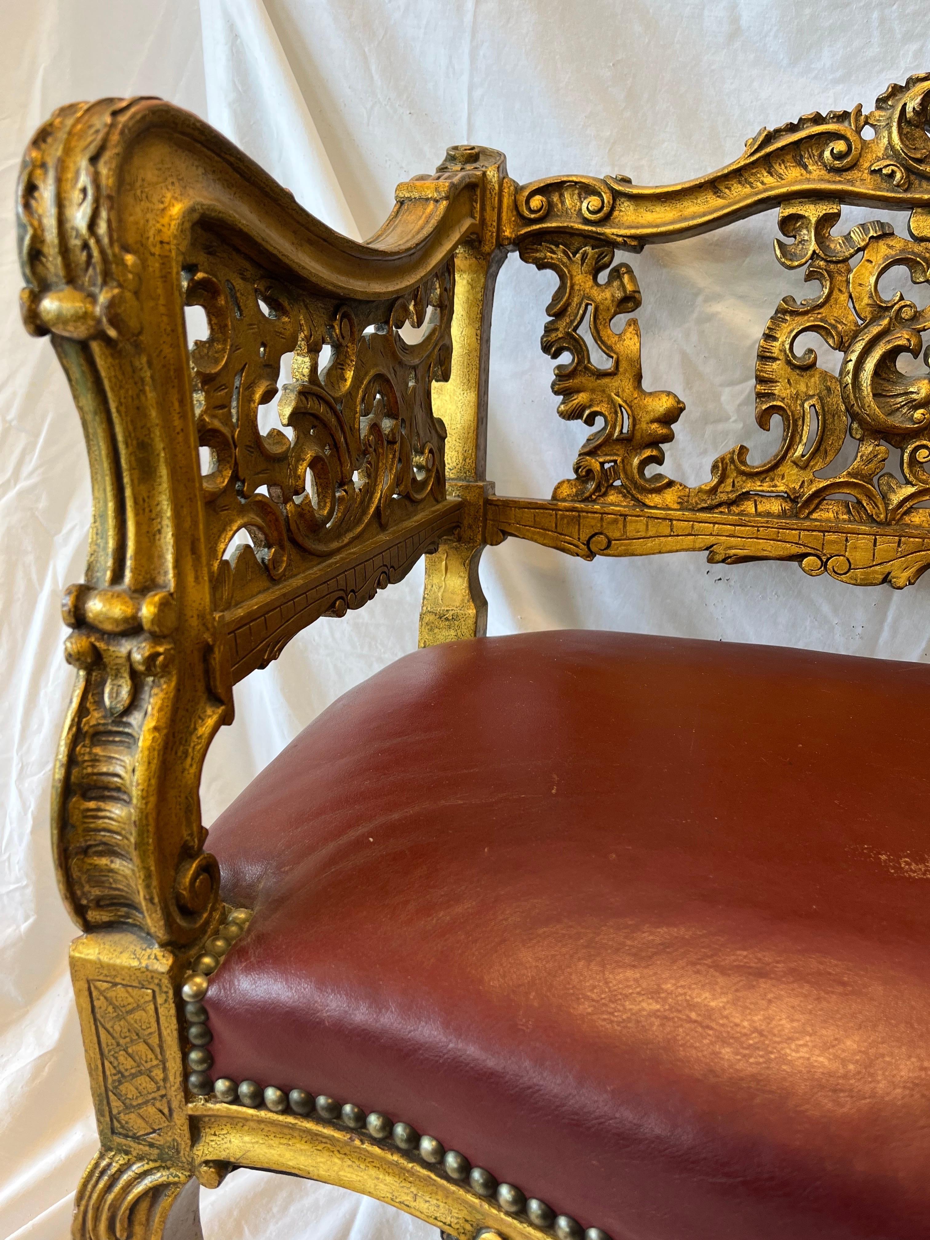 Antique Carved and Gilt Wood Arm Chair Bench Ornate Design Red Upholstered Seat For Sale 1