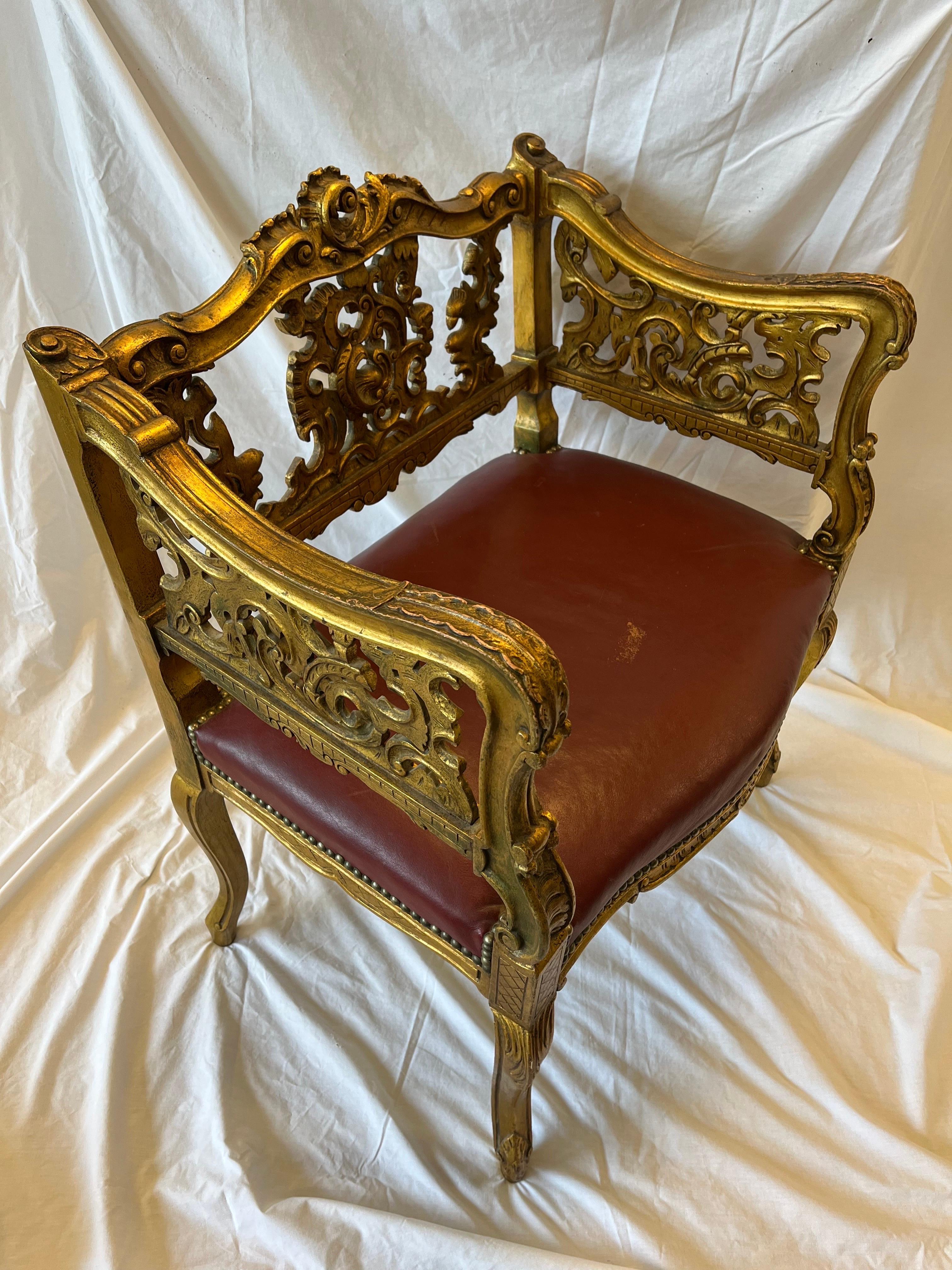 Antique Carved and Gilt Wood Arm Chair Bench Ornate Design Red Upholstered Seat For Sale 2