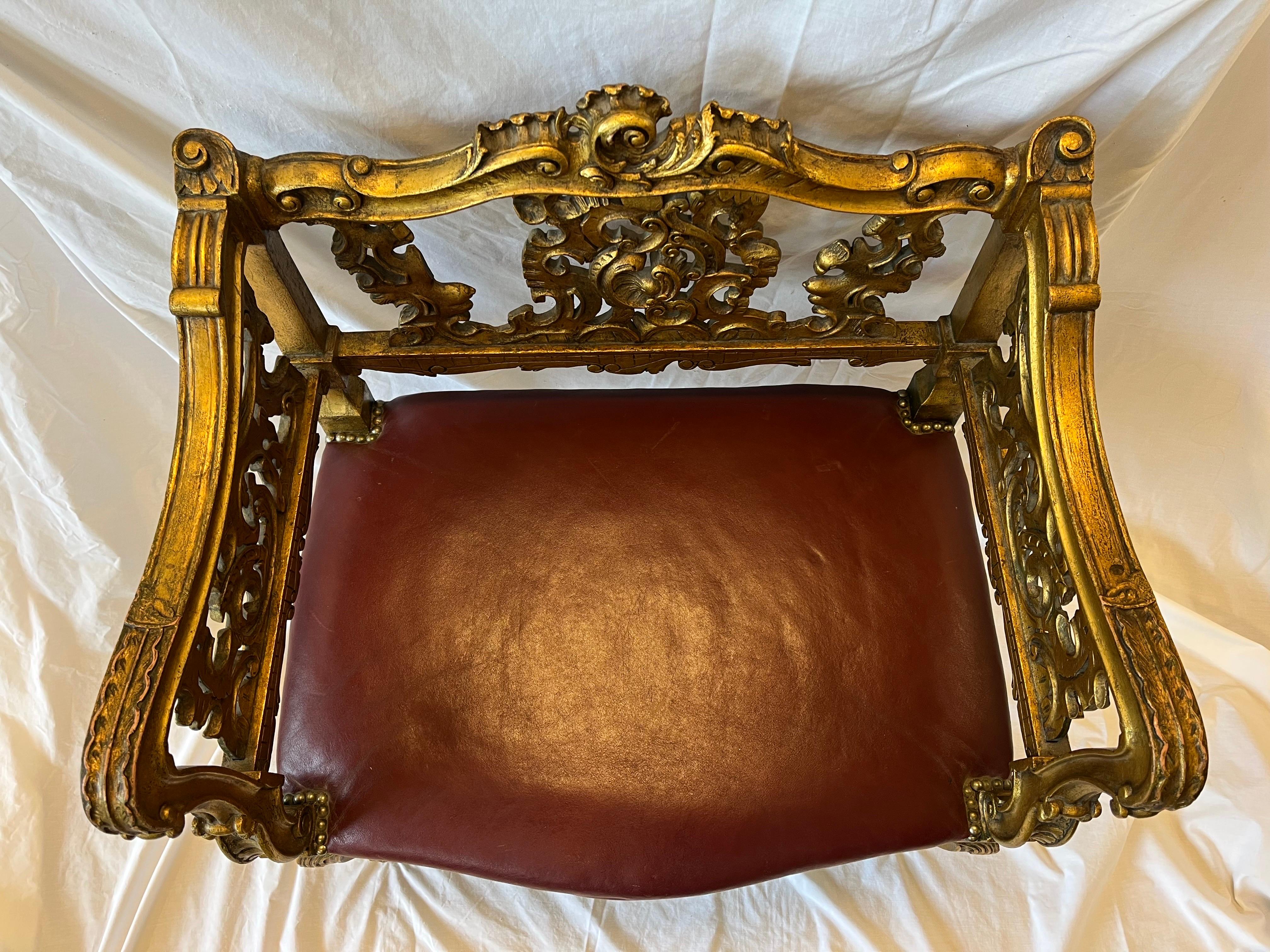 Antique Carved and Gilt Wood Arm Chair Bench Ornate Design Red Upholstered Seat For Sale 3
