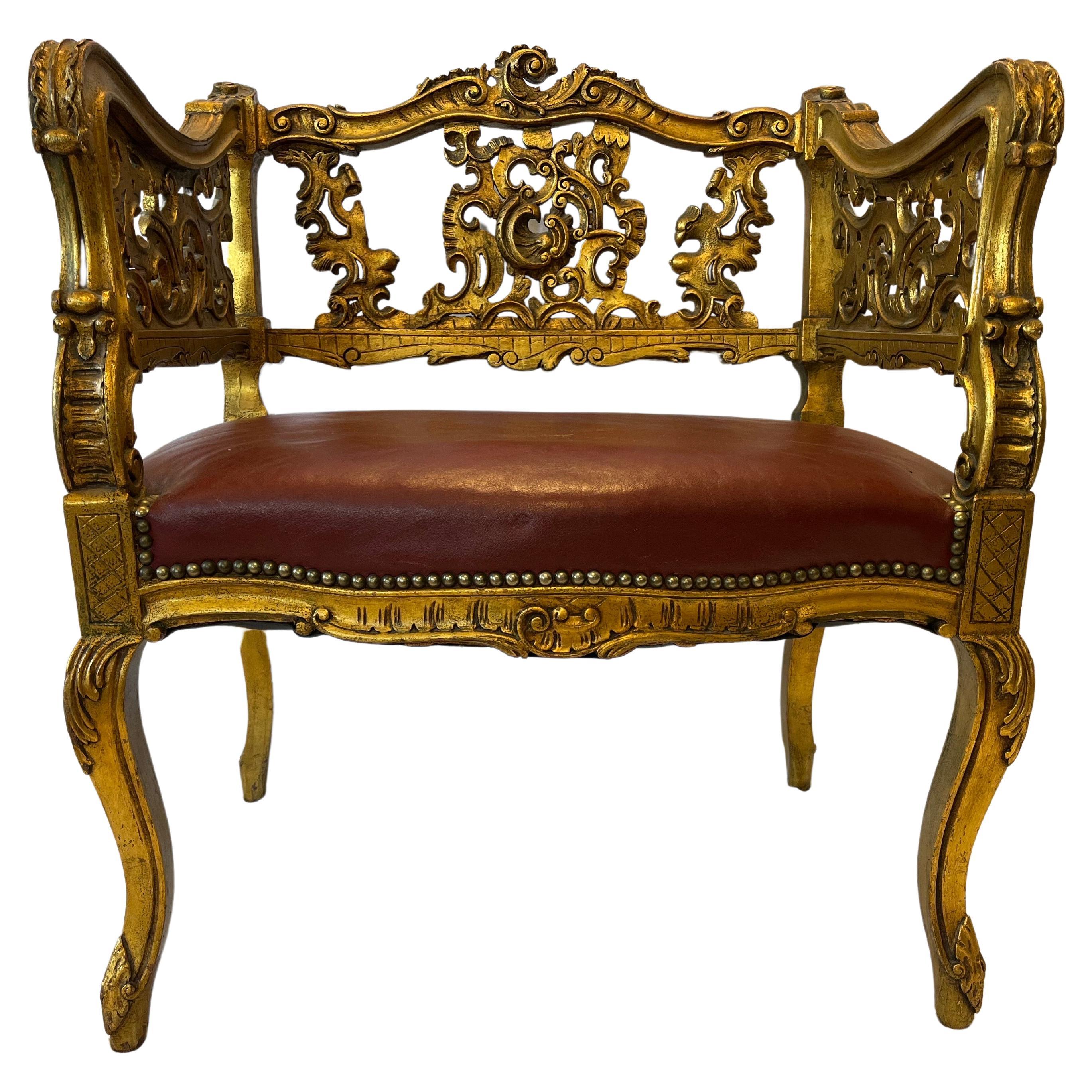 Antique Carved and Gilt Wood Arm Chair Bench Ornate Design Red Upholstered Seat For Sale