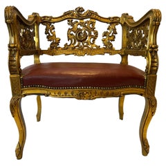 Antique Carved and Gilt Wood Arm Chair Bench Ornate Design Red Upholstered Seat