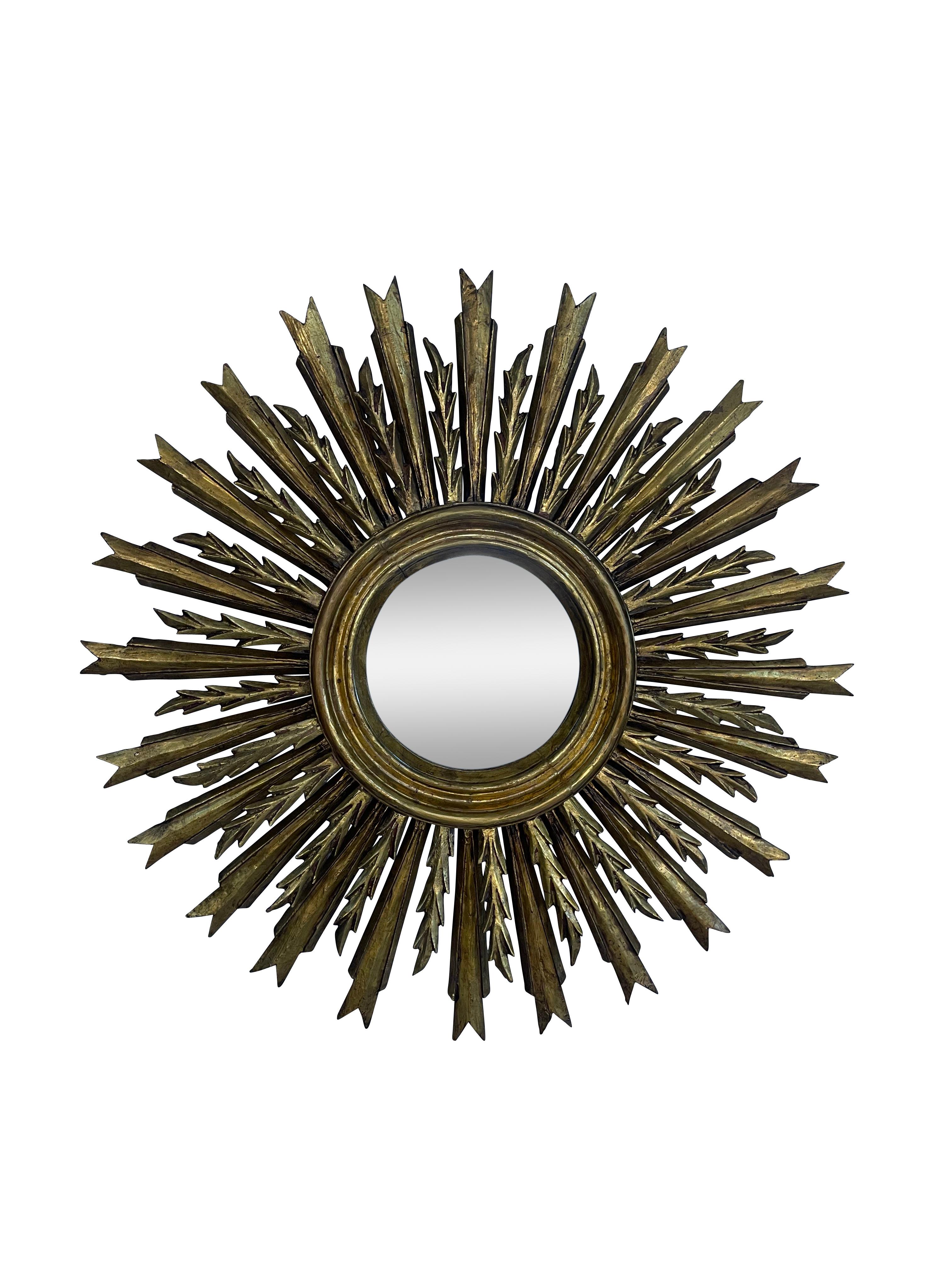 20th Century Antique Carved and Giltwood Mid Century French Starburst Mirror For Sale