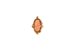 Antique Carved Angel Skin Coral Cameo, Cocktail Ring with Decorative Setting