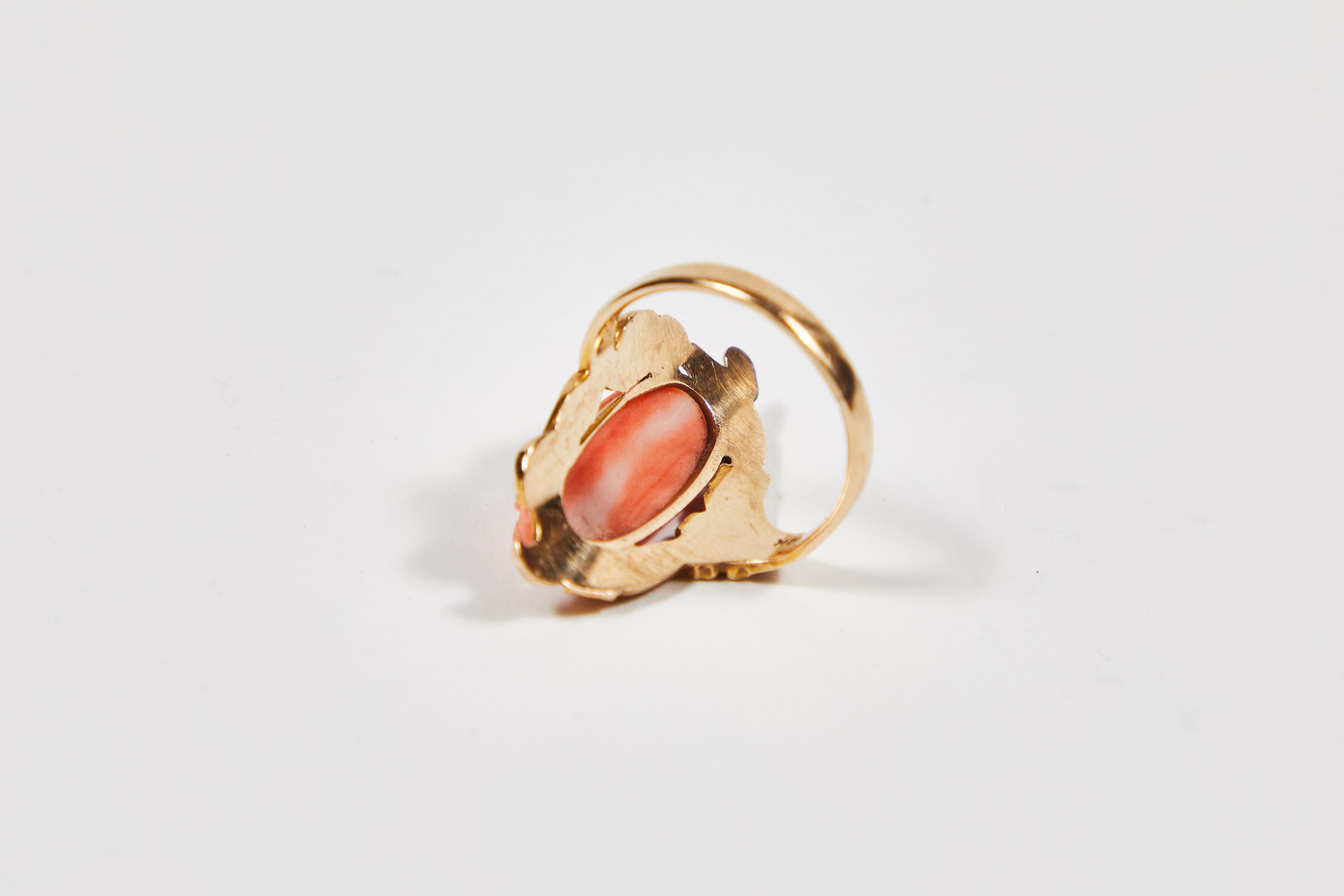 Art Deco Antique Carved Angel Skin Coral Cameo, Cocktail Ring with Decorative Setting