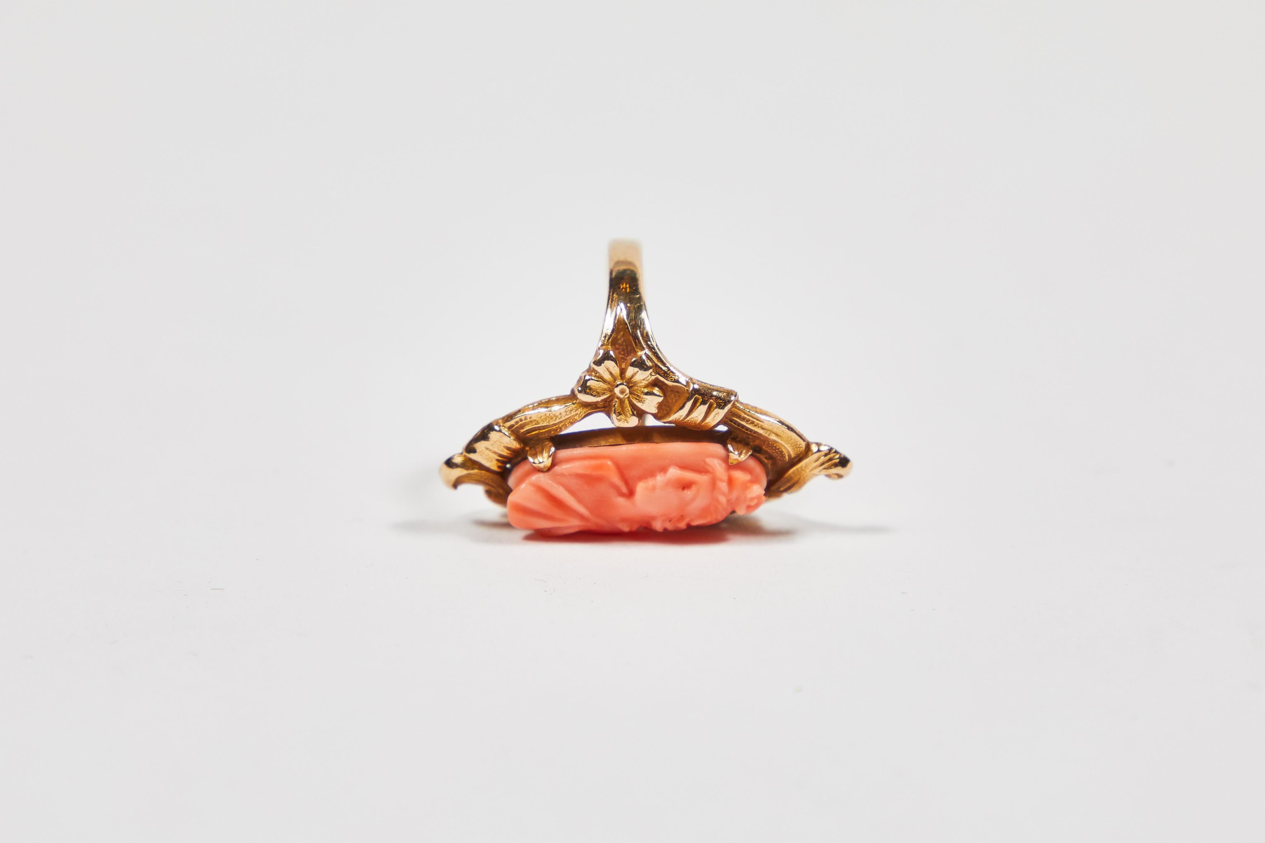 Women's Antique Carved Angel Skin Coral Cameo, Cocktail Ring with Decorative Setting