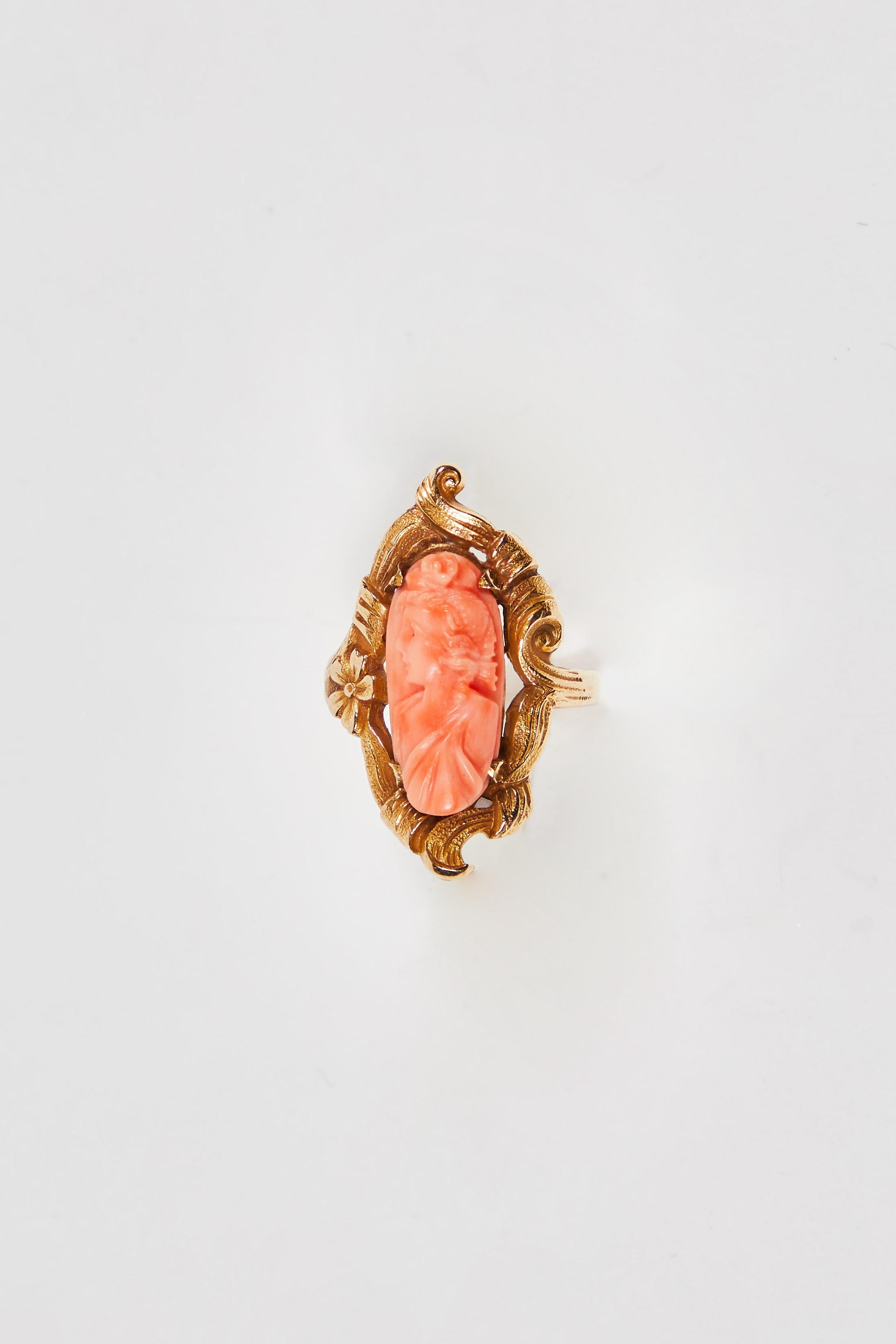 Antique Carved Angel Skin Coral Cameo, Cocktail Ring with Decorative Setting 1