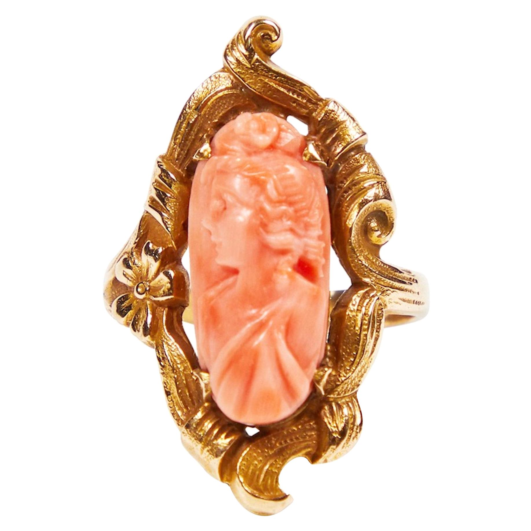 Antique Carved Angel Skin Coral Cameo, Cocktail Ring with Decorative Setting