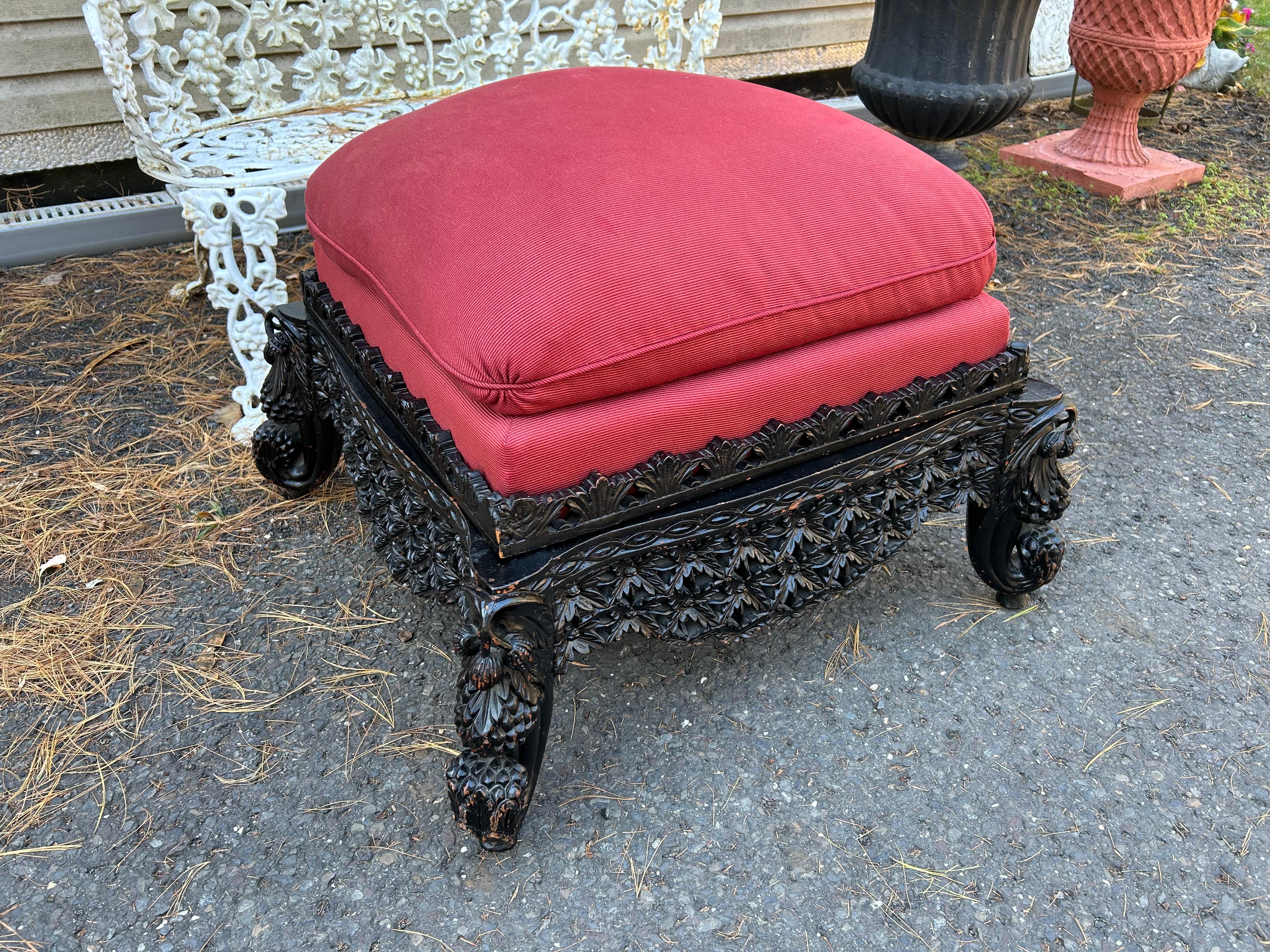 Antique Carved Anglo-Indian Rosewood Ottoman Down Filled Cushion Victorian For Sale 7