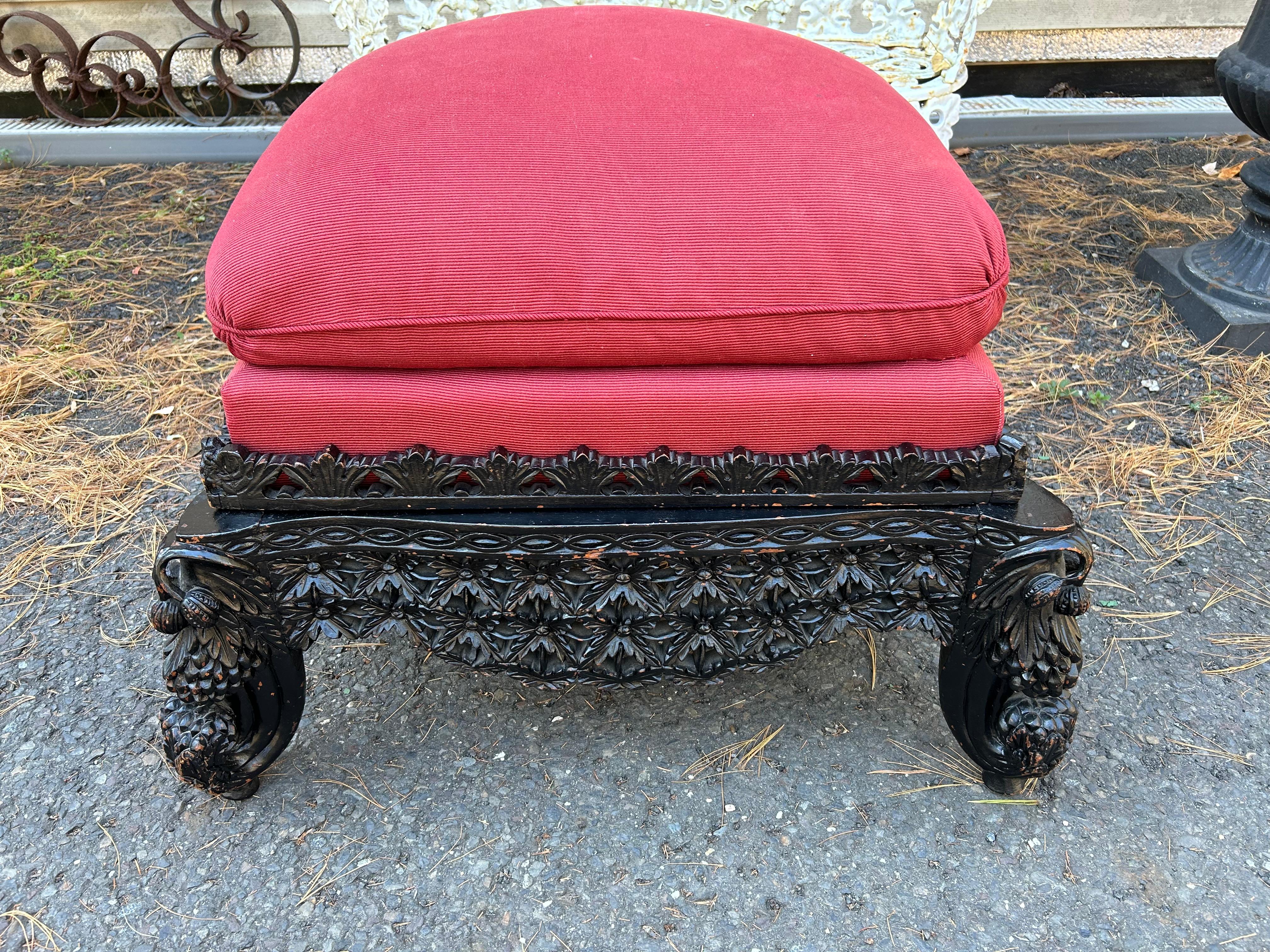 We are delighted to offer for sale this lovely Victorian Anglo Indian Burmese hand carved footstool ottoman.  An expertly crafted piece, this is pure art furniture and looks amazing from every angle.  Anglo Indian pieces were made for the export