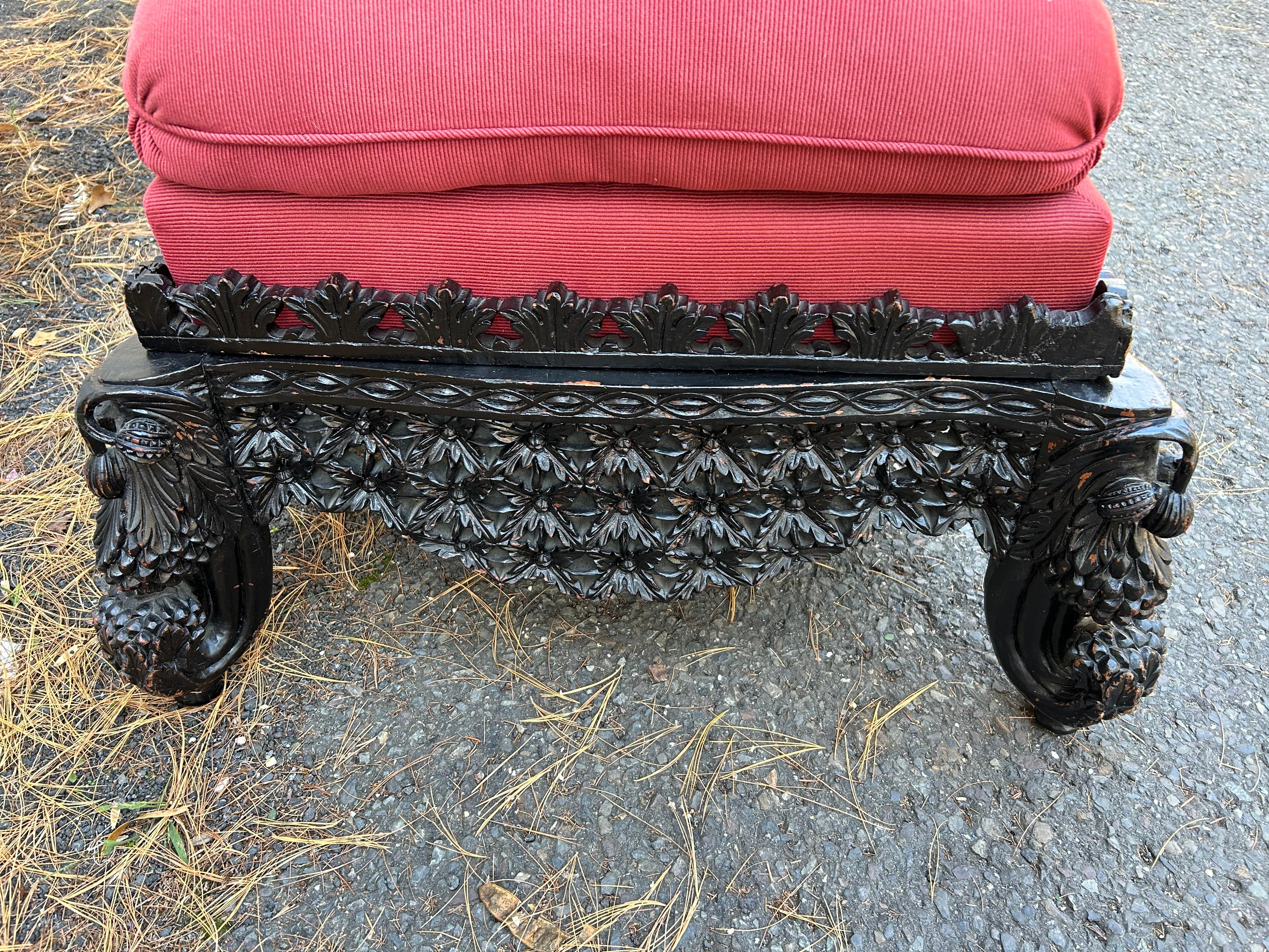 Antique Carved Anglo-Indian Rosewood Ottoman Down Filled Cushion Victorian In Good Condition For Sale In Pemberton, NJ