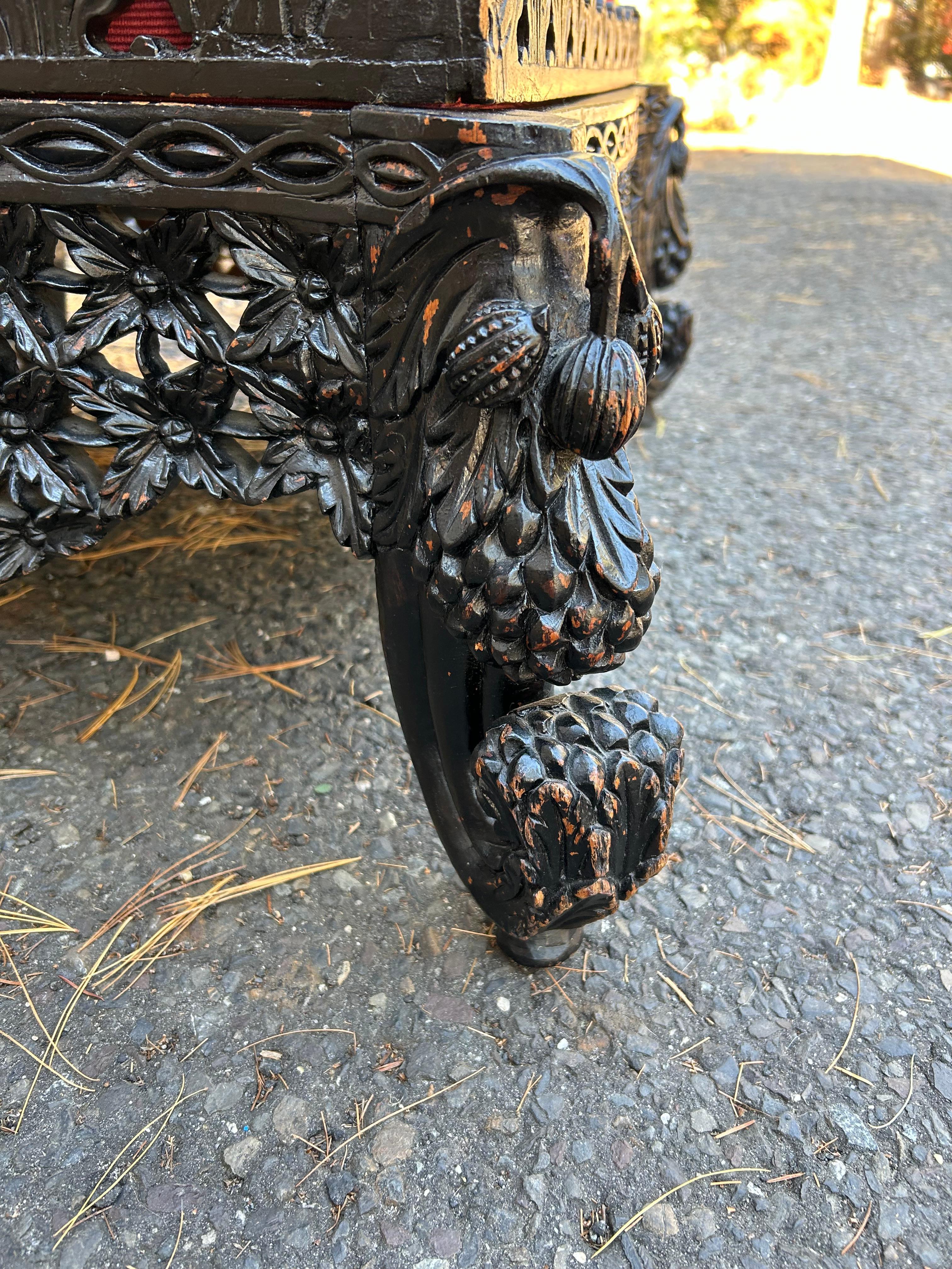19th Century Antique Carved Anglo-Indian Rosewood Ottoman Down Filled Cushion Victorian For Sale
