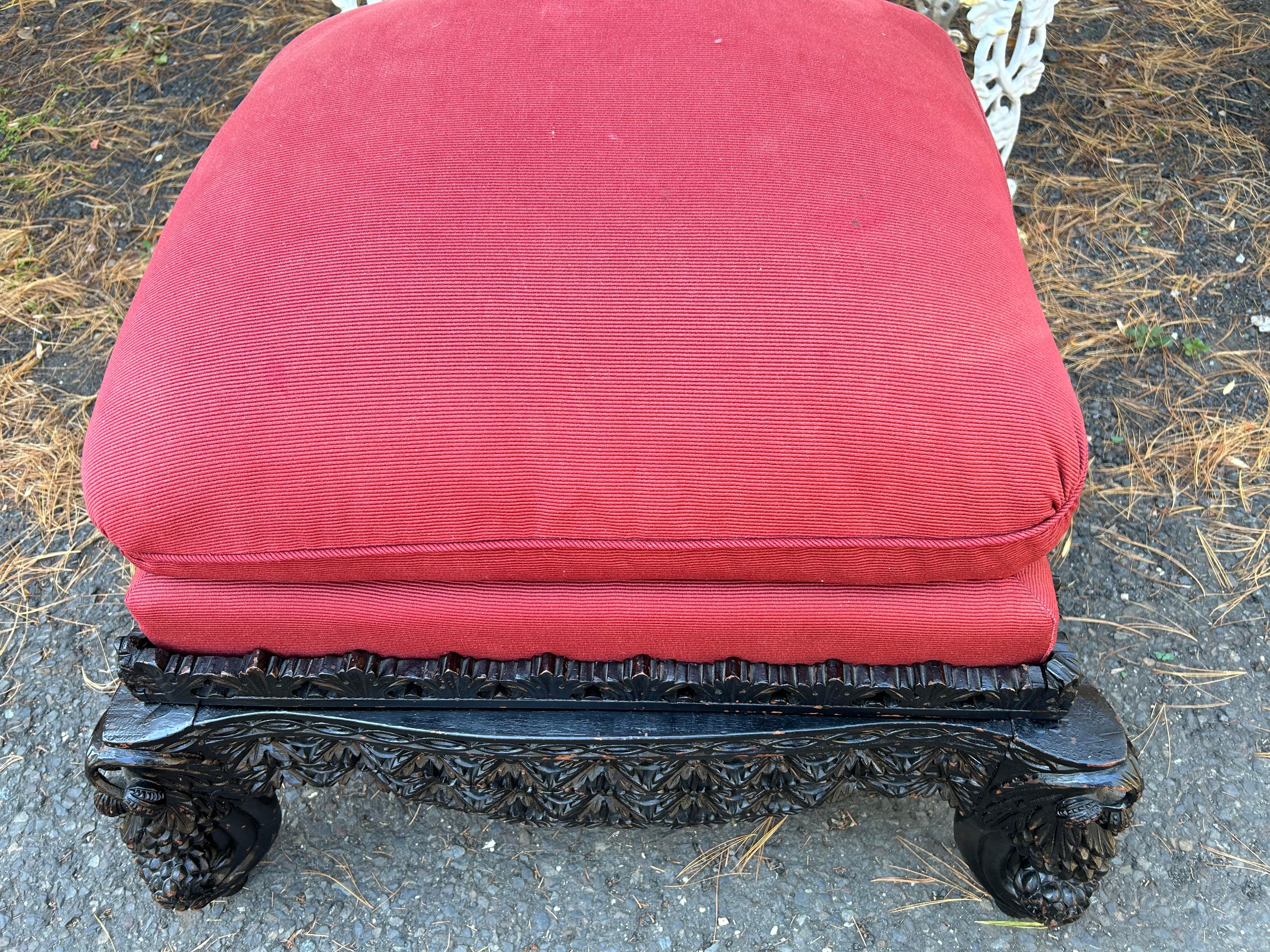 Antique Carved Anglo-Indian Rosewood Ottoman Down Filled Cushion Victorian For Sale 2