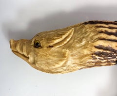 Antique Carved Antler Pig, Sterling Silver Mounted Corkscrew, circa 1890