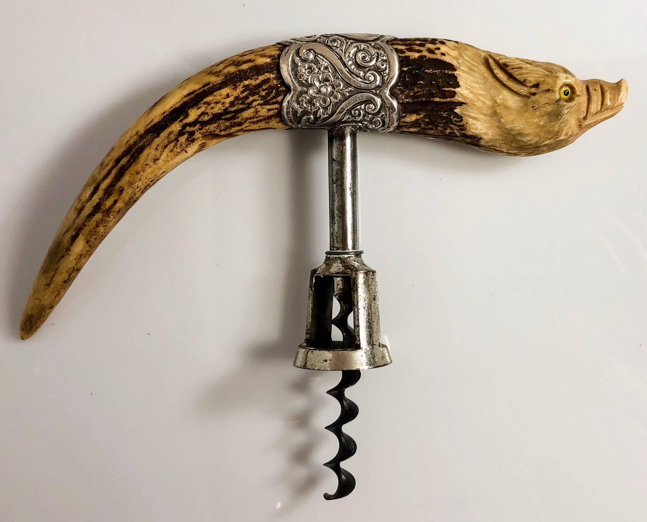 American Antique Carved Antler Pig, Sterling Silver Mounted Corkscrew, circa 1890