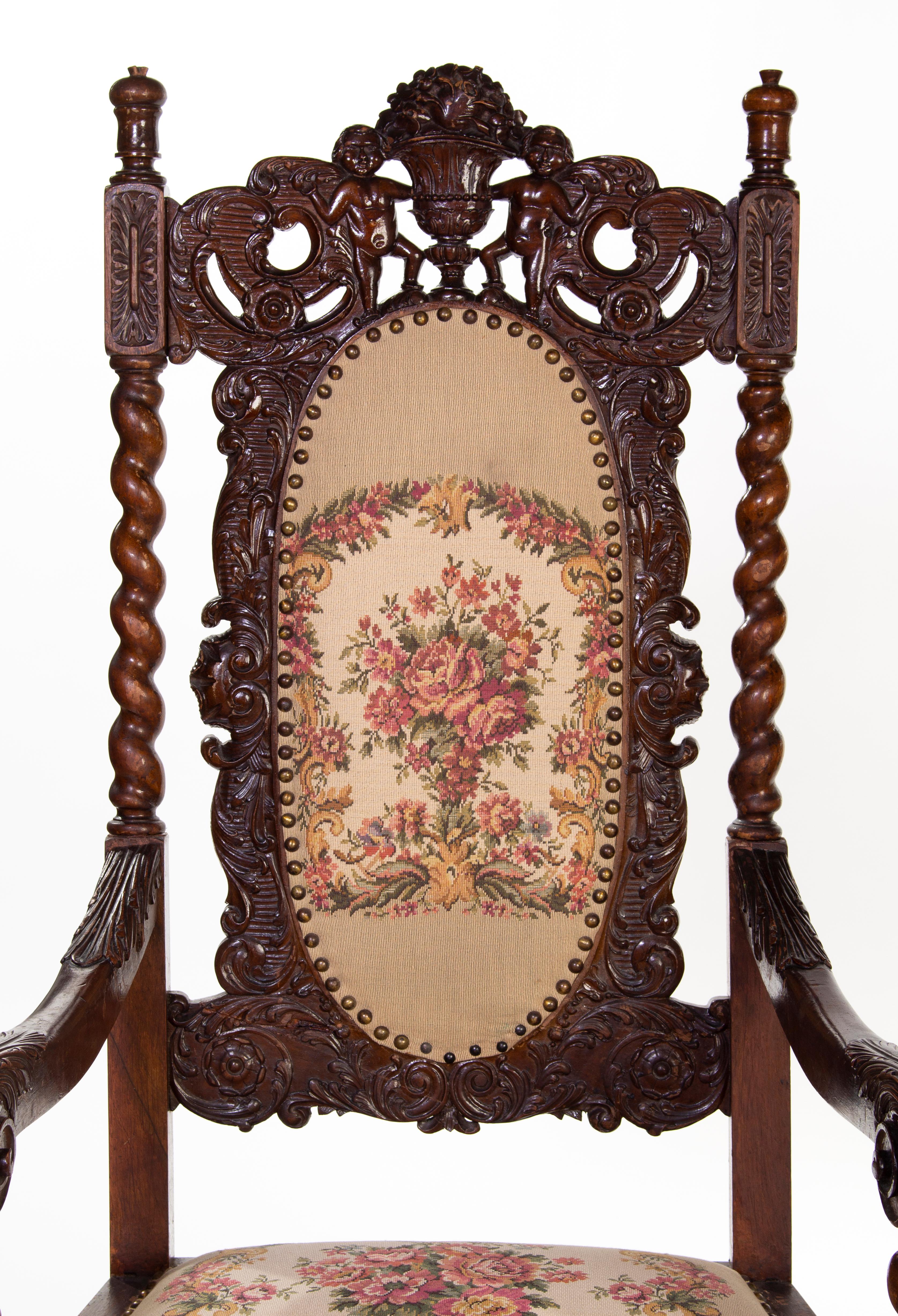 Antique basswood throne chairs in pair in renaissance revival style,
with fine carved details and embroidered upholstery.
Manufactured arround 1900.