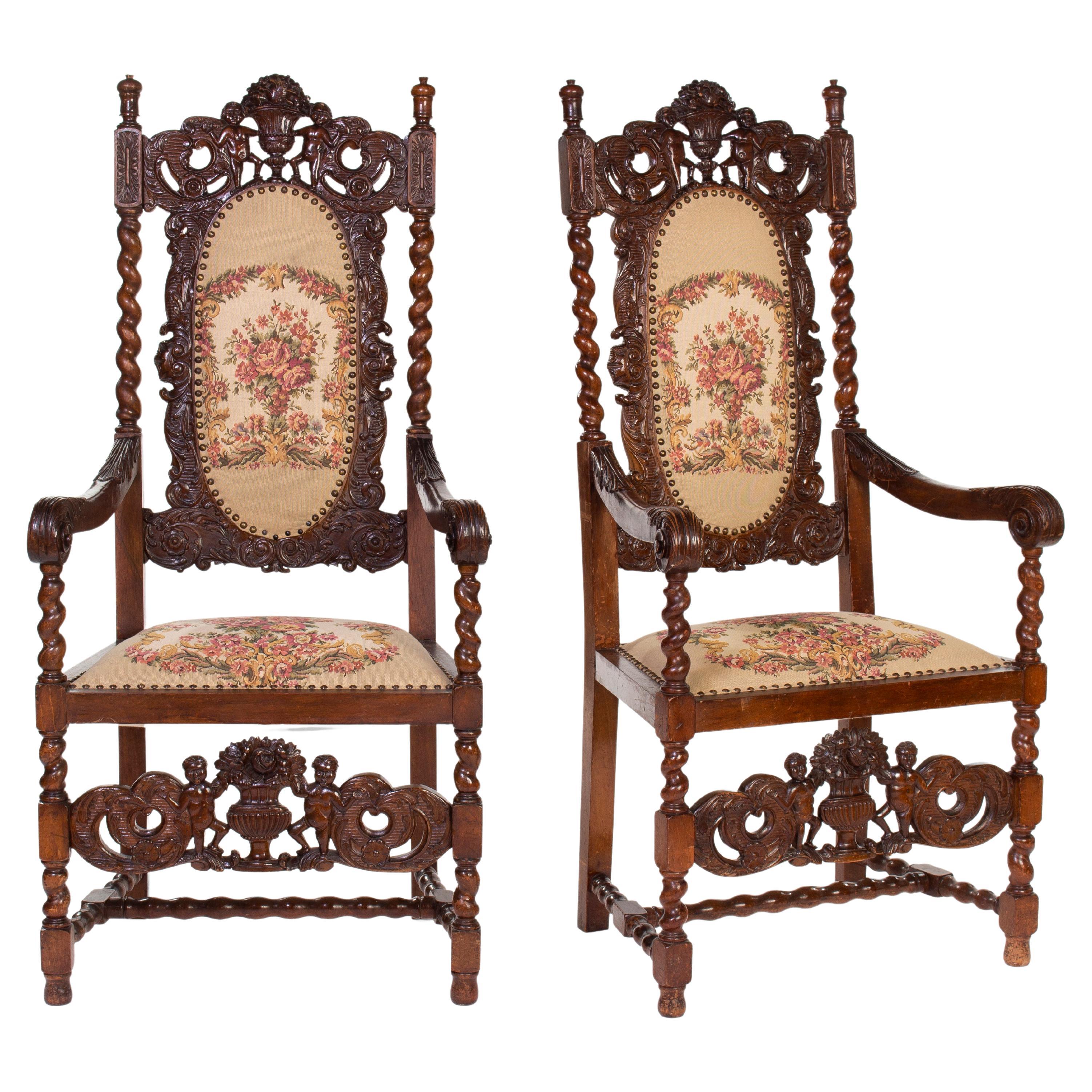 Antique Carved Basswood Throne Chairs in Pair, ca. 1900 '2 Pieces'