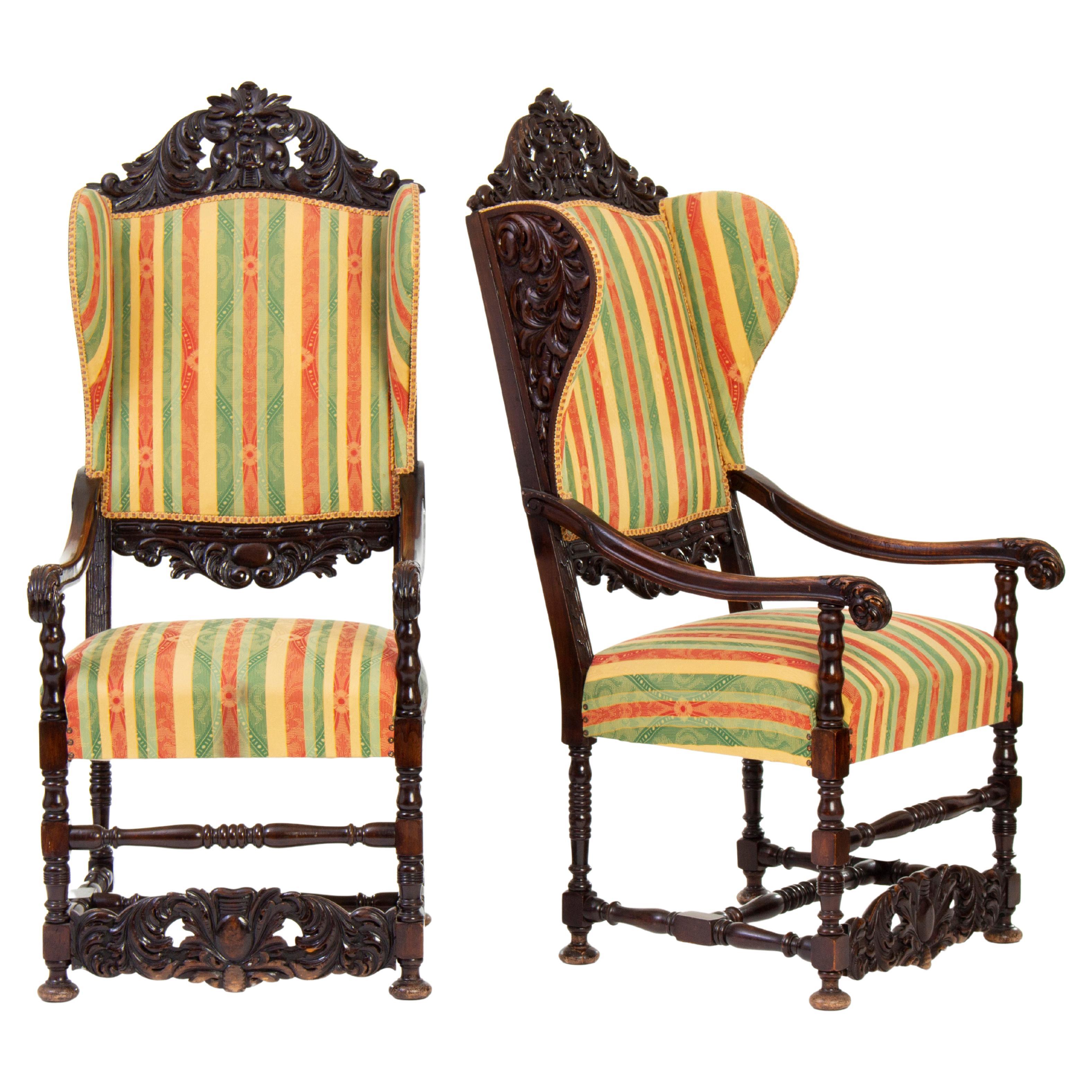 Antique Carved Basswood Wingchairs in Historicist Style (2 pieces) For Sale