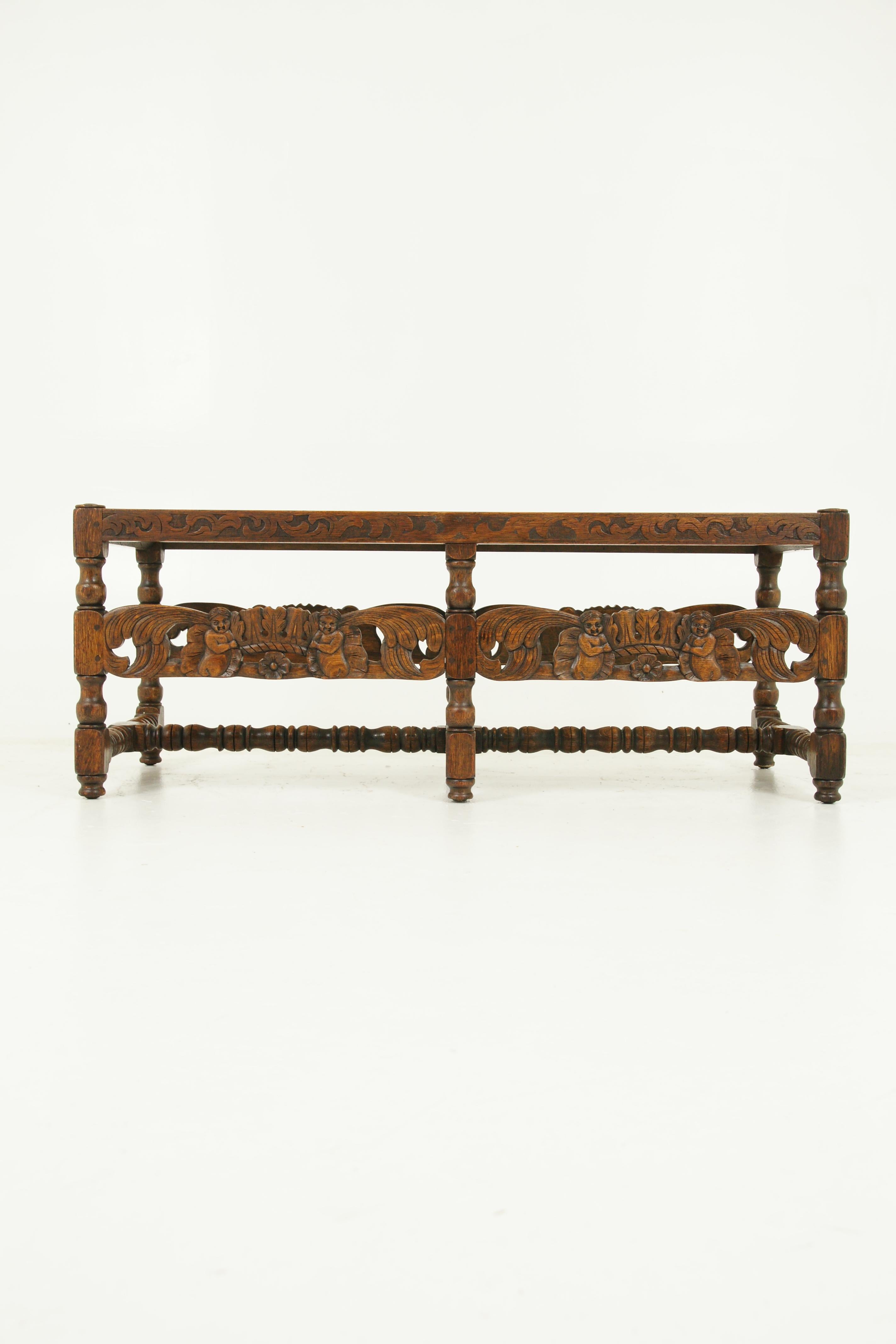 Antique carved bench, footstool, window seat, heavily carved, W and J Sloane, USA 1920s, Antique Furniture, B1609

USA, 1920s
Solid oak construction
Original finish
Caned with carved frame
Standing on 6 turned legs
Wonderful carved stretchers below