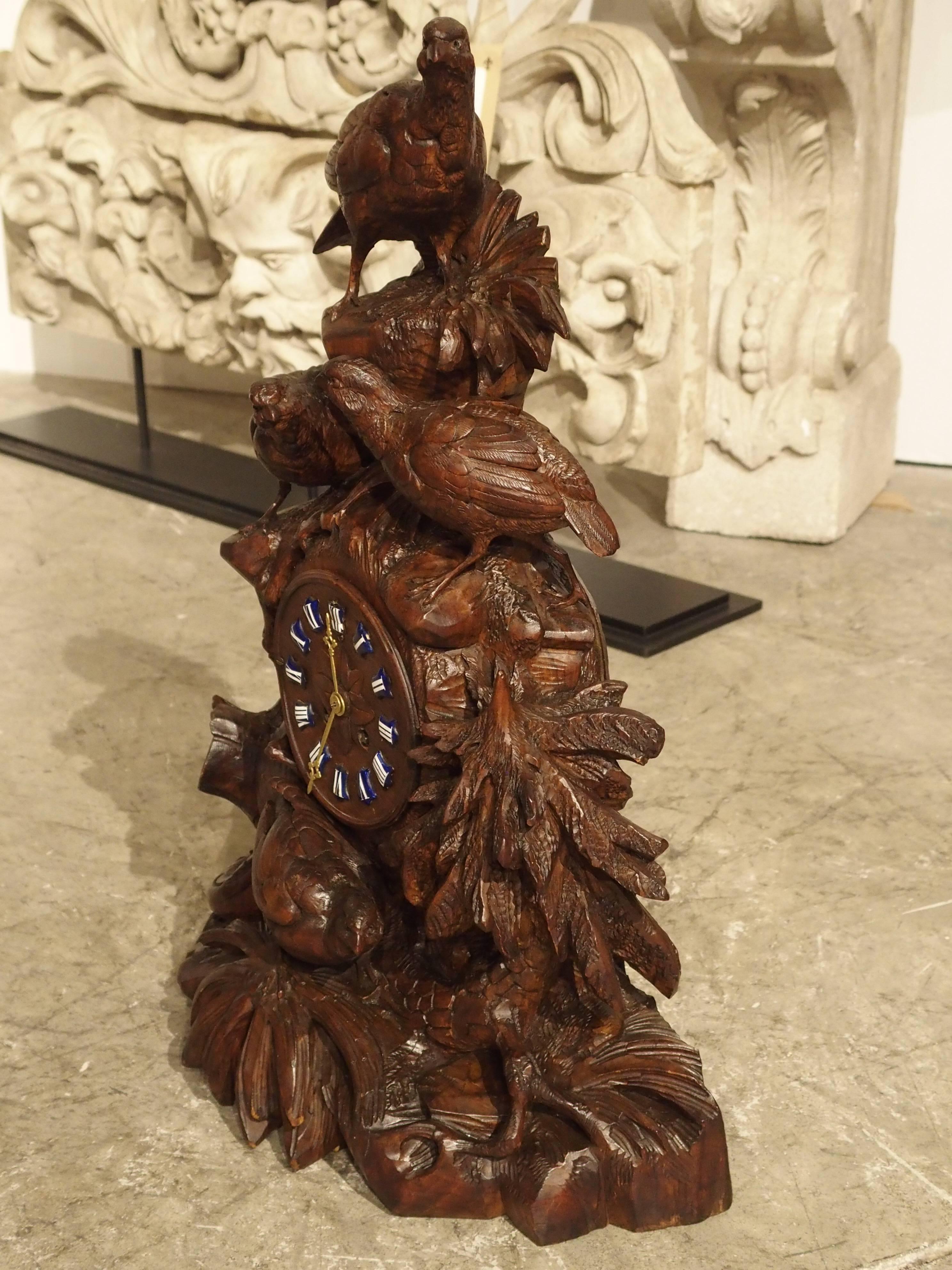 Hand-Carved Antique Carved Black Forest Mantel Clock, circa 1885