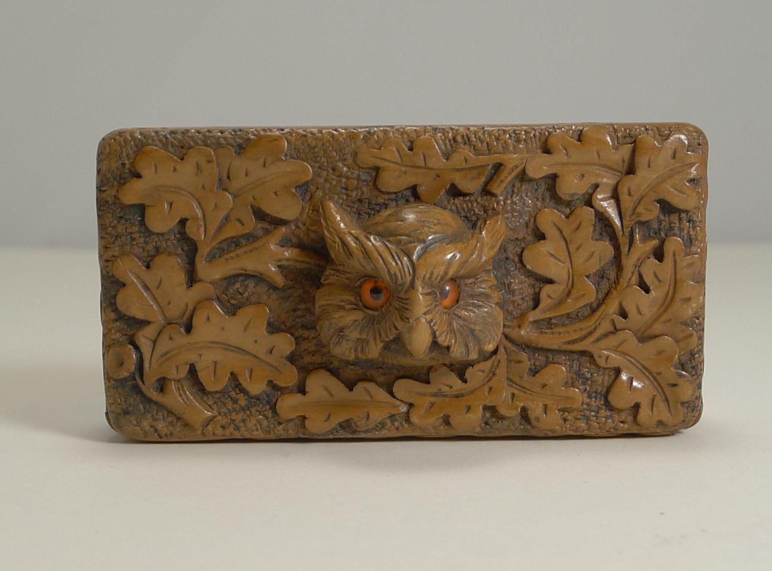 Antique Carved Black Forest Triple Postage Stamp Box, Owl, Glass Eyes In Good Condition For Sale In Bath, GB