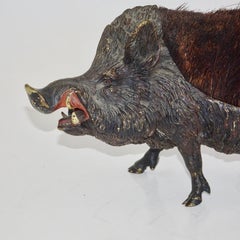 Antique Carved Black Iron Boar Figurine with Boar Hair, 19th Century